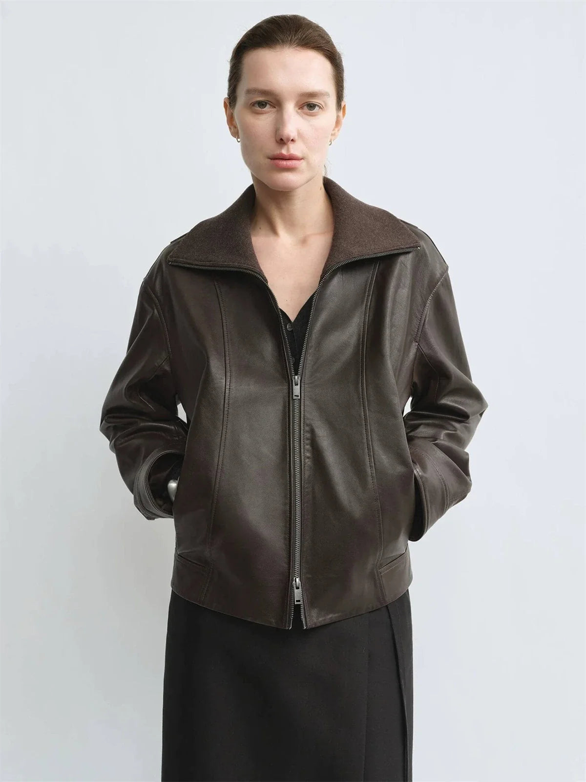 THE ARTM Women's Funnel Neck Leather Jacket - Modern Minimal, Relaxed Fit