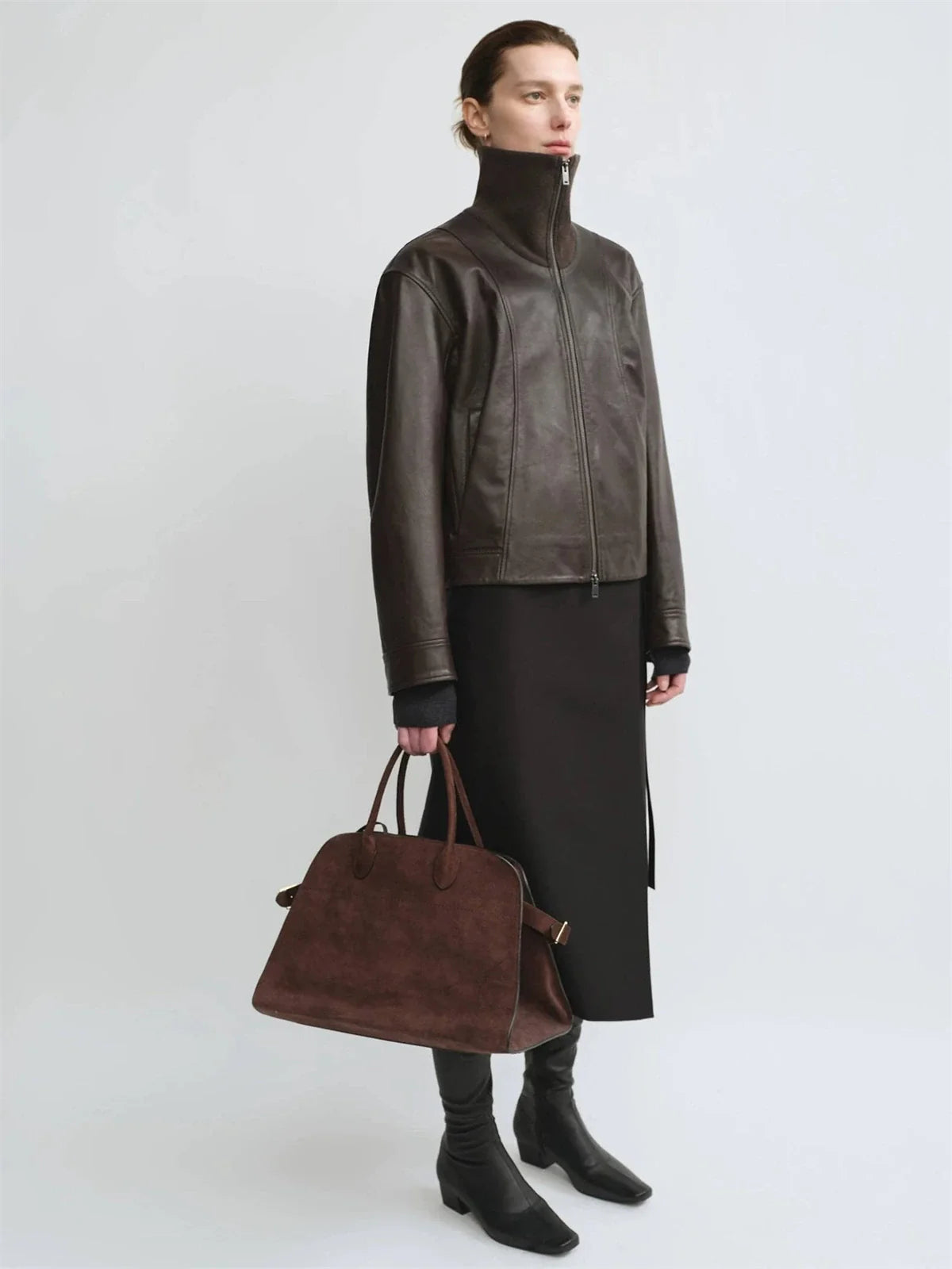 THE ARTM Women's Funnel Neck Leather Jacket - Modern Minimal, Relaxed Fit
