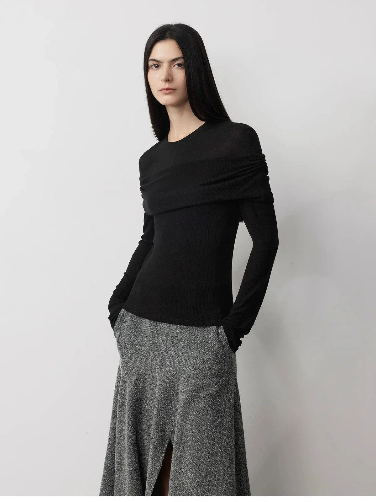 Modern Tricks layered one-shoulder knitted top black front view