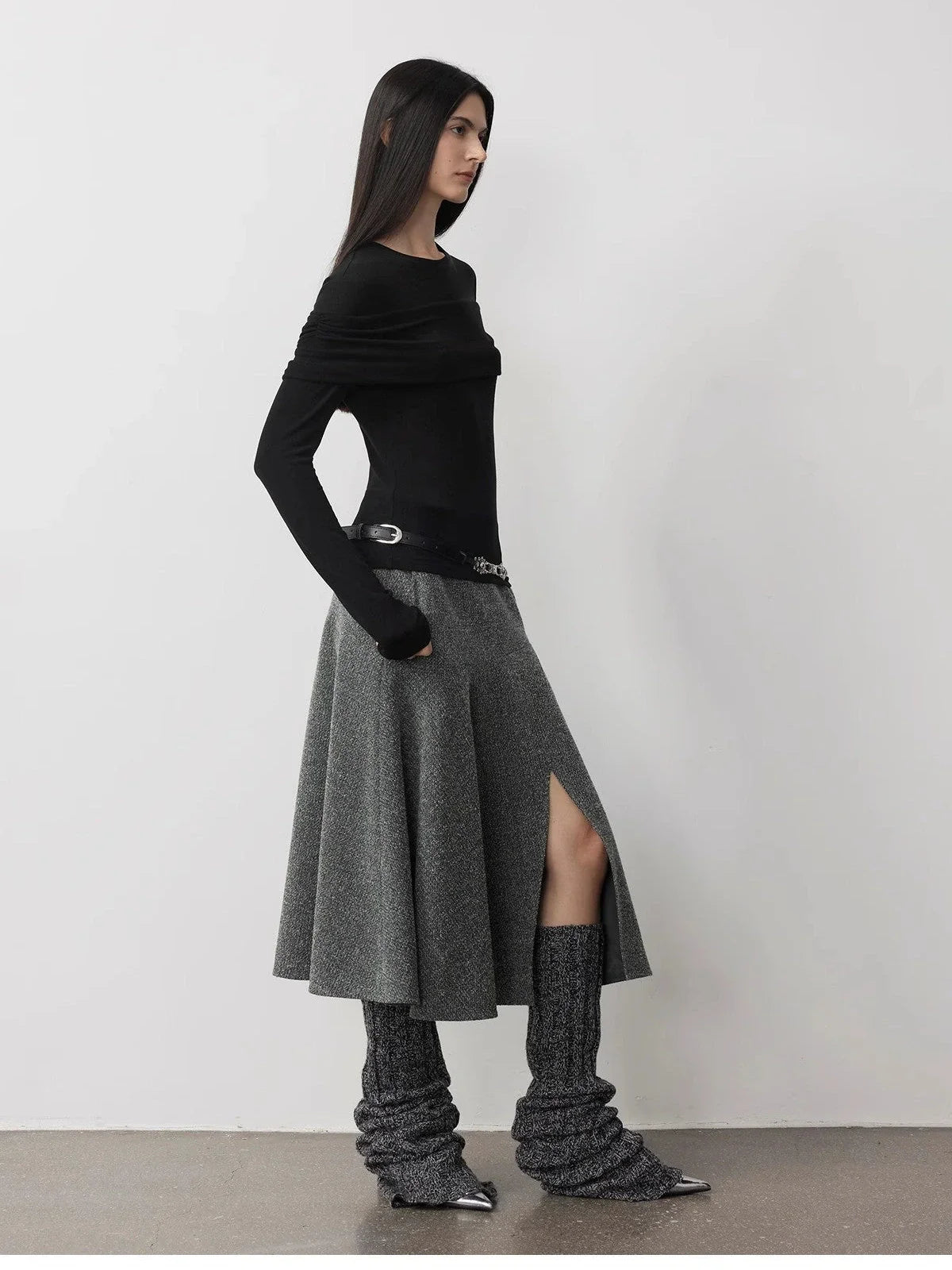 Modern Tricks layered one-shoulder knitted top black side view