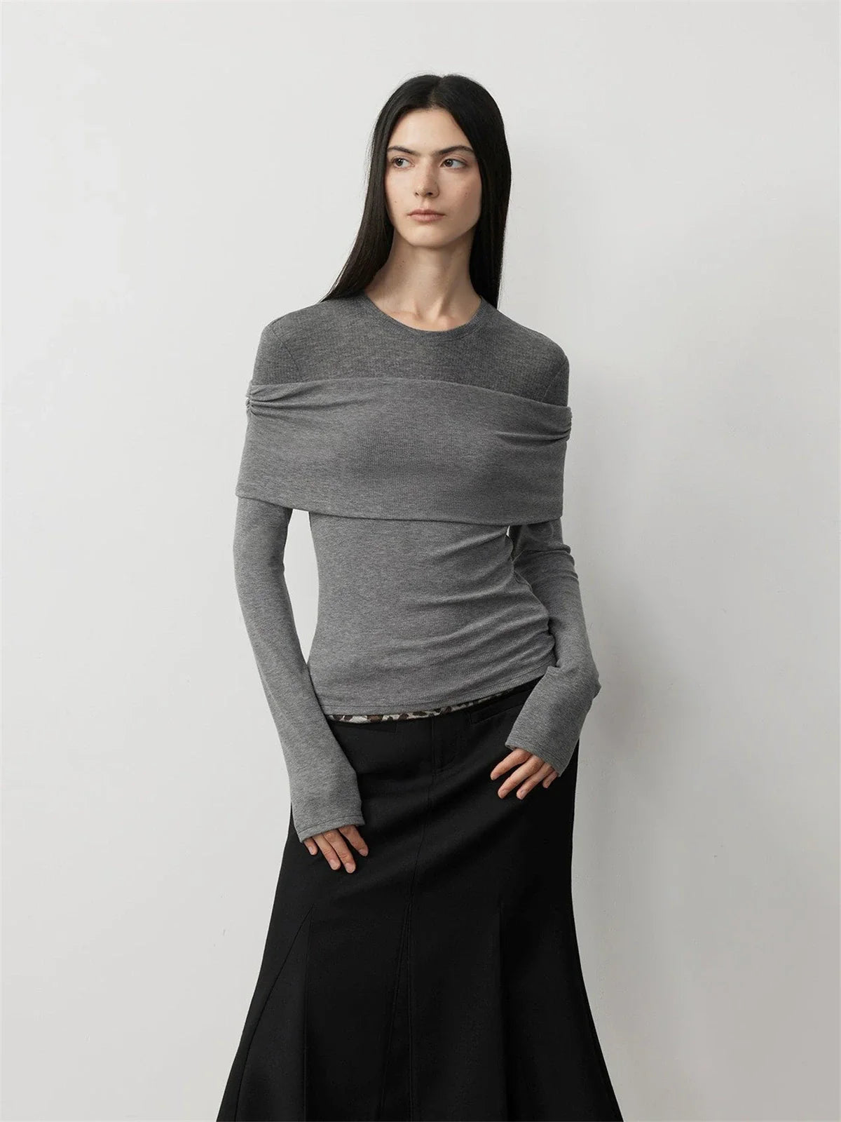 Modern Tricks layered one-shoulder knitted top dark gray front view