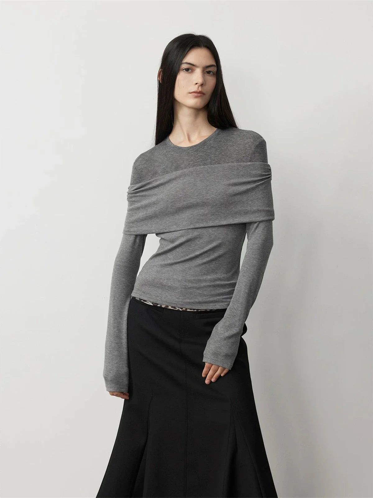 Modern Tricks layered one-shoulder knitted top light gray front view