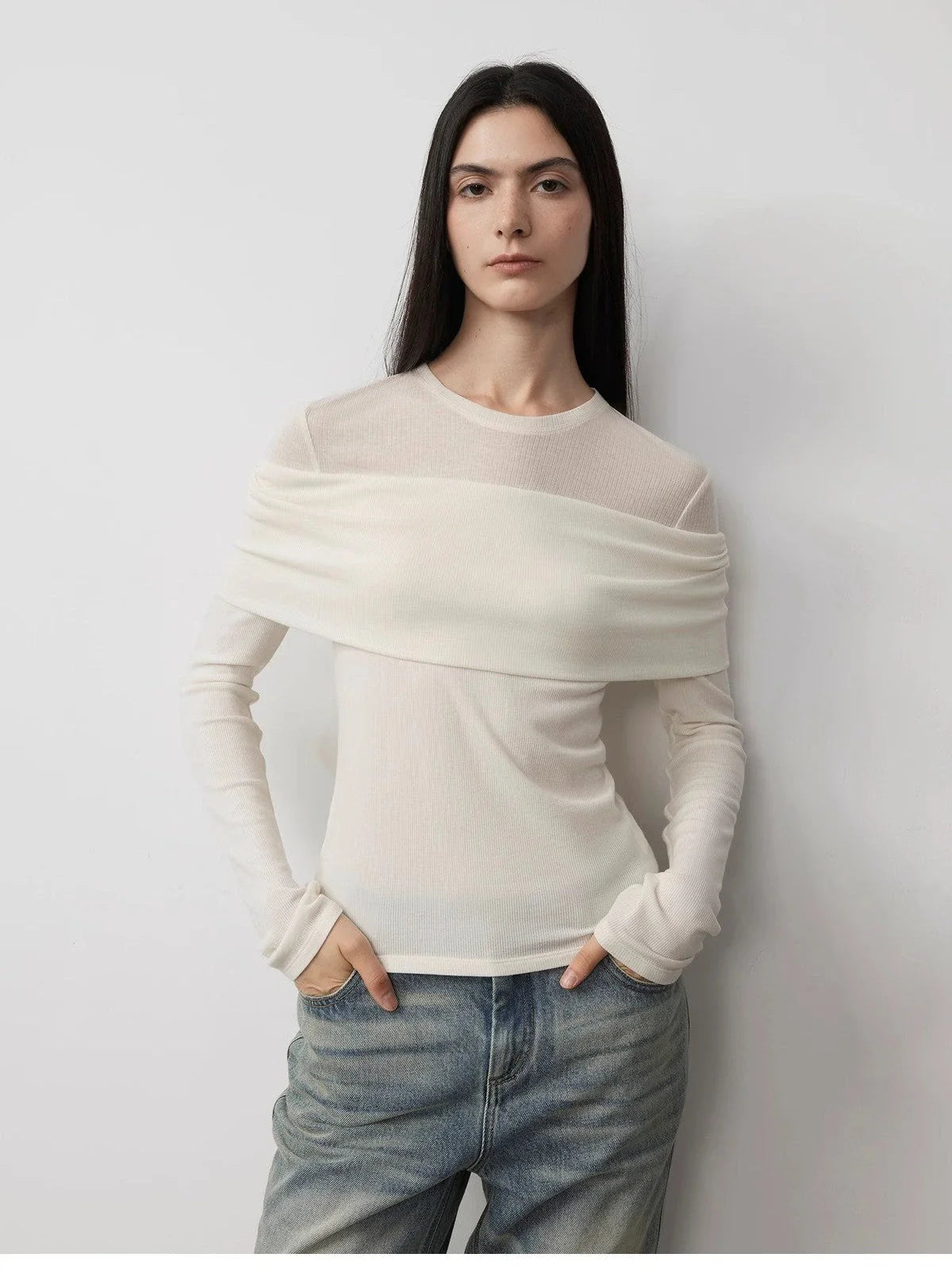 Modern Tricks layered one-shoulder knitted top off-white front view