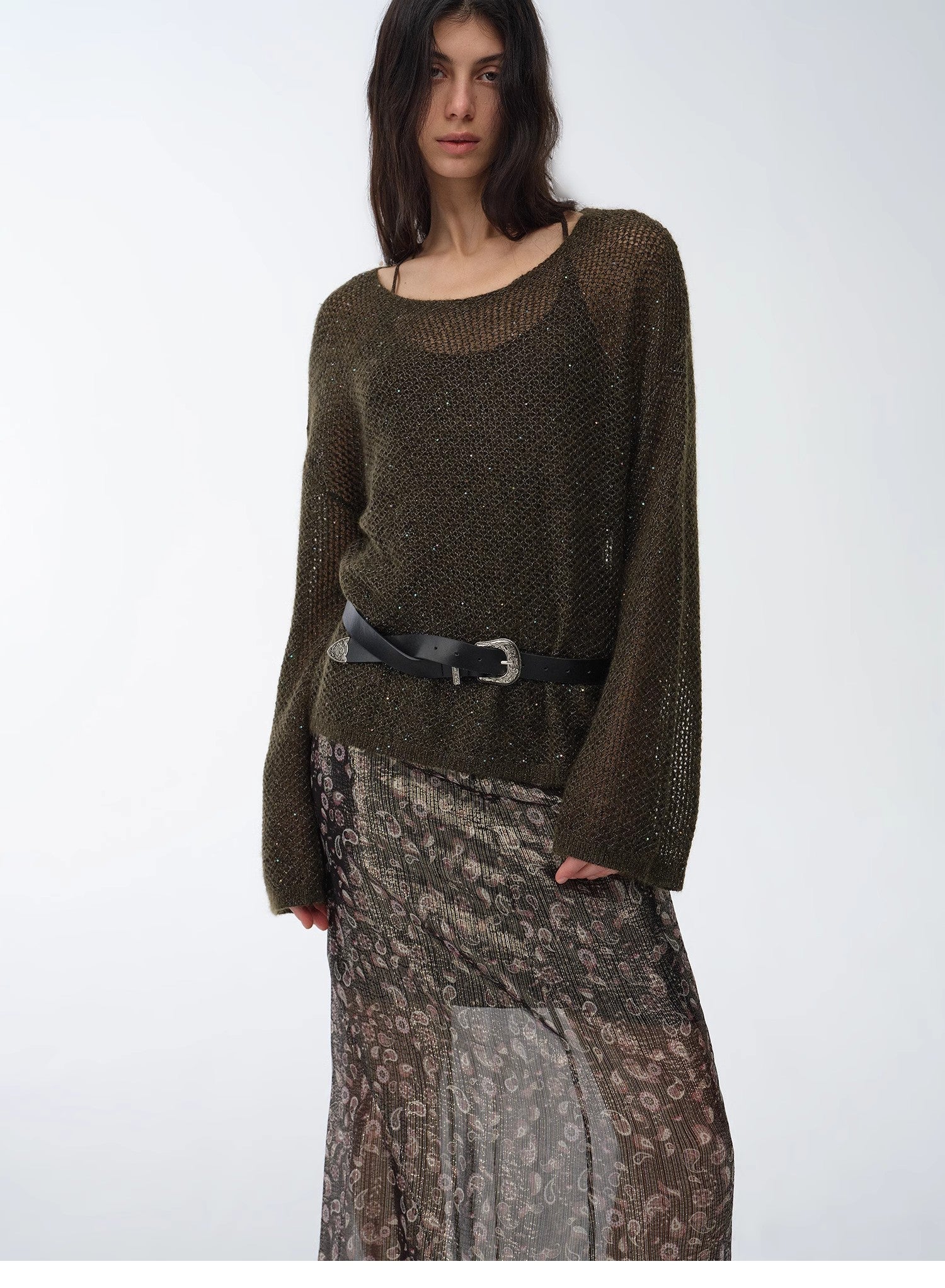 Mohair Sequin Knit Blended Hollow oversized sweater Loose O - Neck Top Long Sleeve,"Sparkling Spring" - variant_title