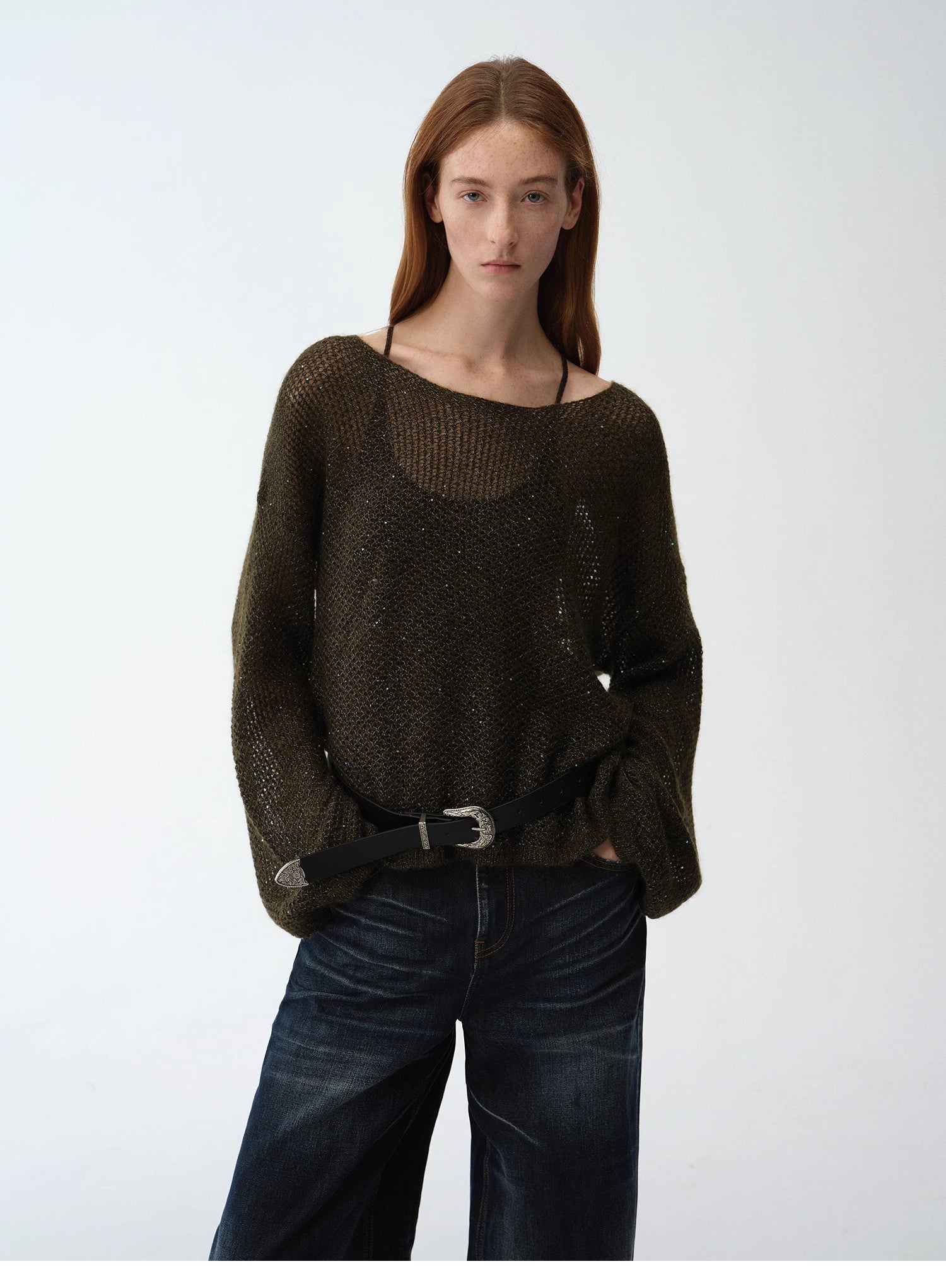 Mohair Sequin Knit Blended Hollow oversized sweater Loose O - Neck Top Long Sleeve,"Sparkling Spring" - variant_title