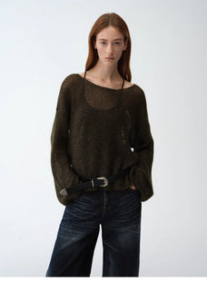 Mohair Sequin Knit Blended Hollow oversized sweater Loose O - Neck Top Long Sleeve,"Sparkling Spring" - variant_title