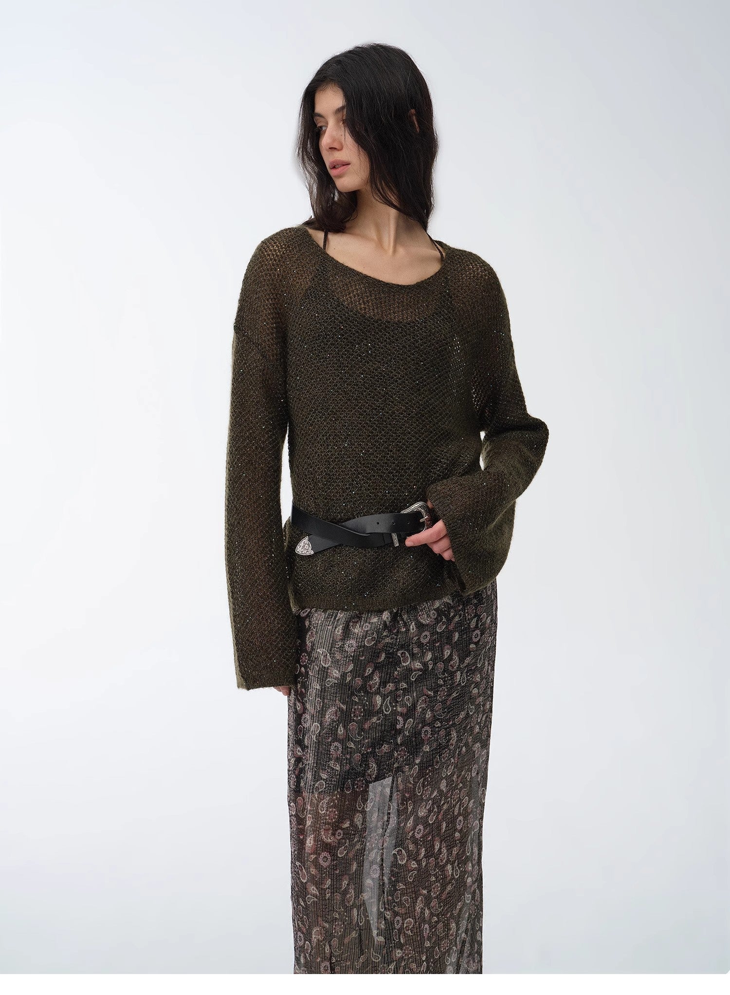 Mohair Sequin Knit Blended Hollow oversized sweater Loose O - Neck Top Long Sleeve,"Sparkling Spring" - variant_title
