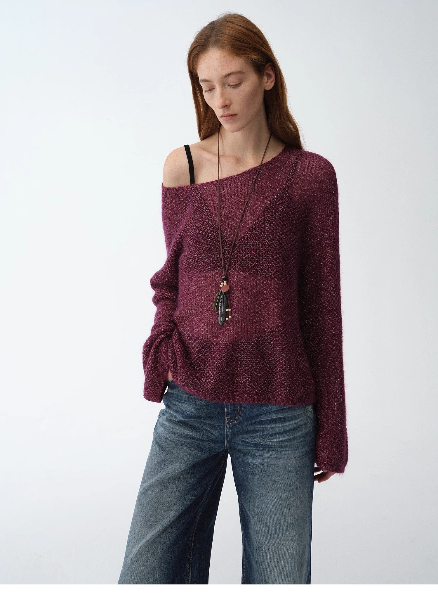 Mohair Sequin Knit Blended Hollow oversized sweater Loose O - Neck Top Long Sleeve,"Sparkling Spring" - variant_title