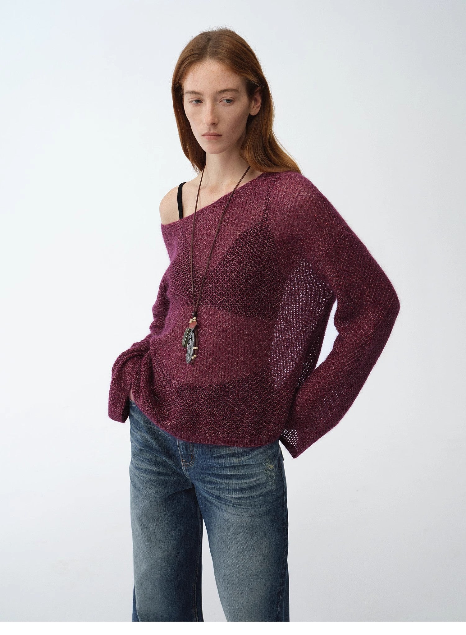 Mohair Sequin Knit Blended Hollow oversized sweater Loose O - Neck Top Long Sleeve,"Sparkling Spring" - variant_title