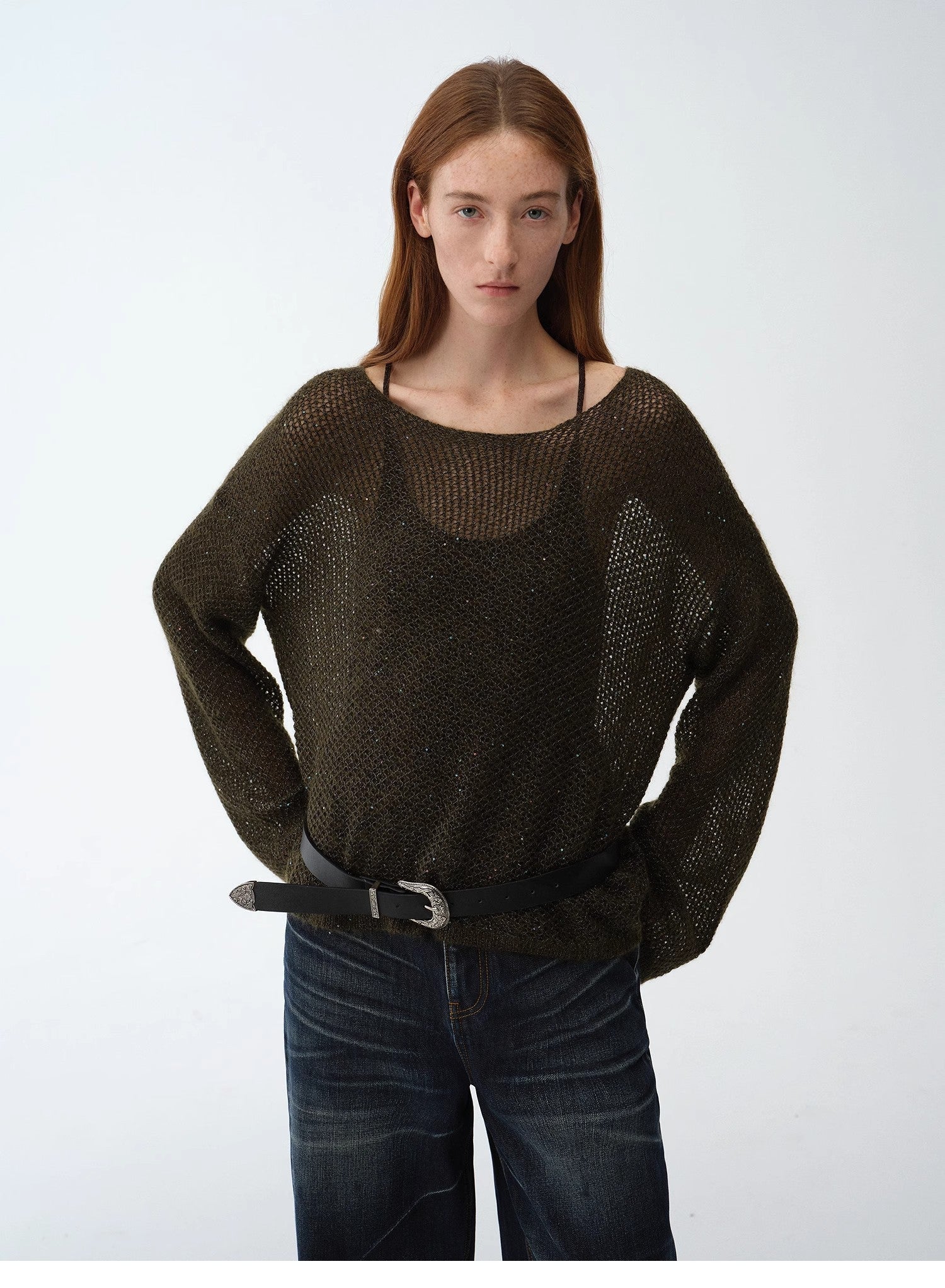 Mohair Sequin Knit Blended Hollow oversized sweater Loose O - Neck Top Long Sleeve,"Sparkling Spring" - variant_title