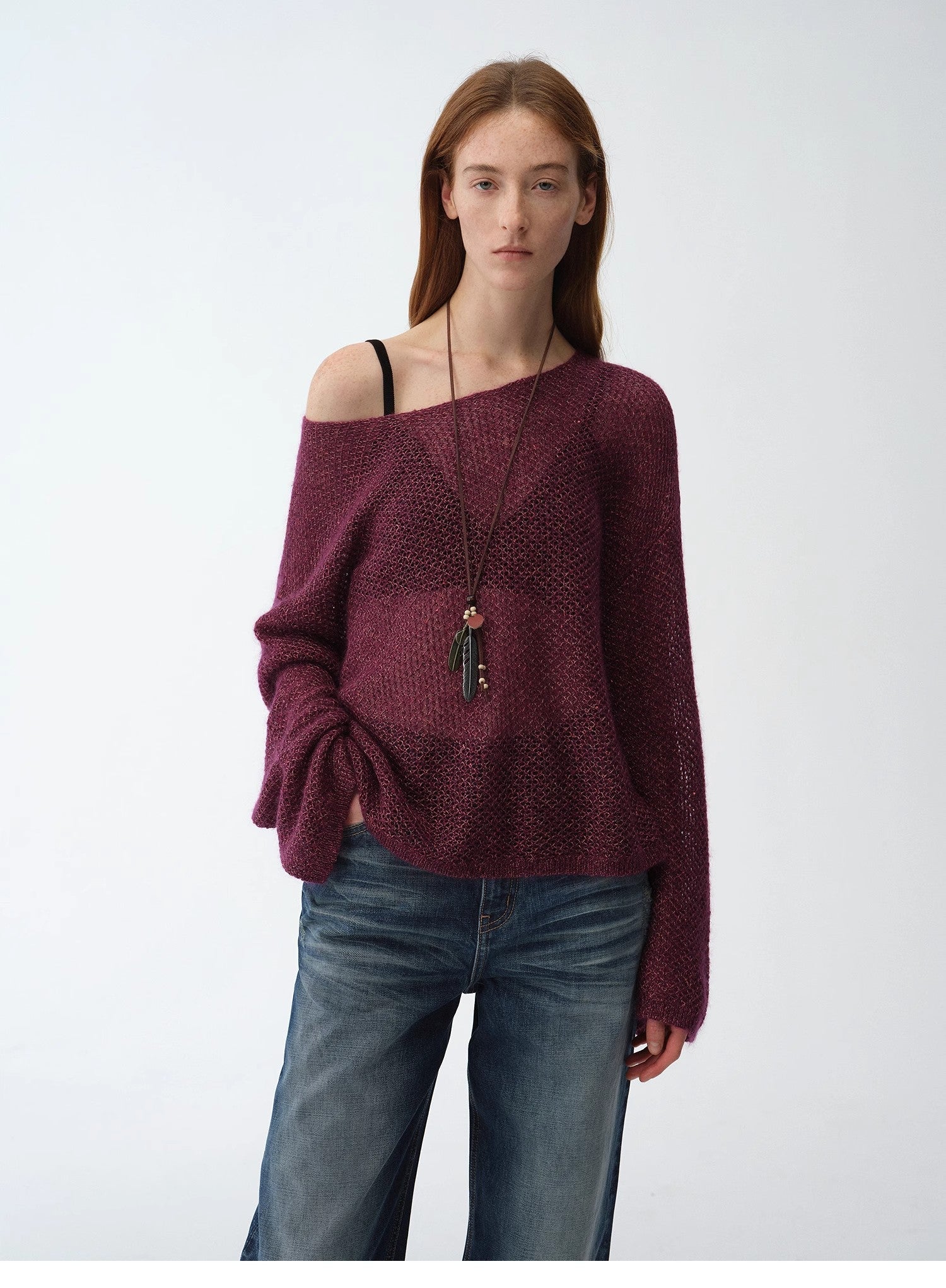Mohair Sequin Knit Blended Hollow oversized sweater Loose O - Neck Top Long Sleeve,"Sparkling Spring" - variant_title