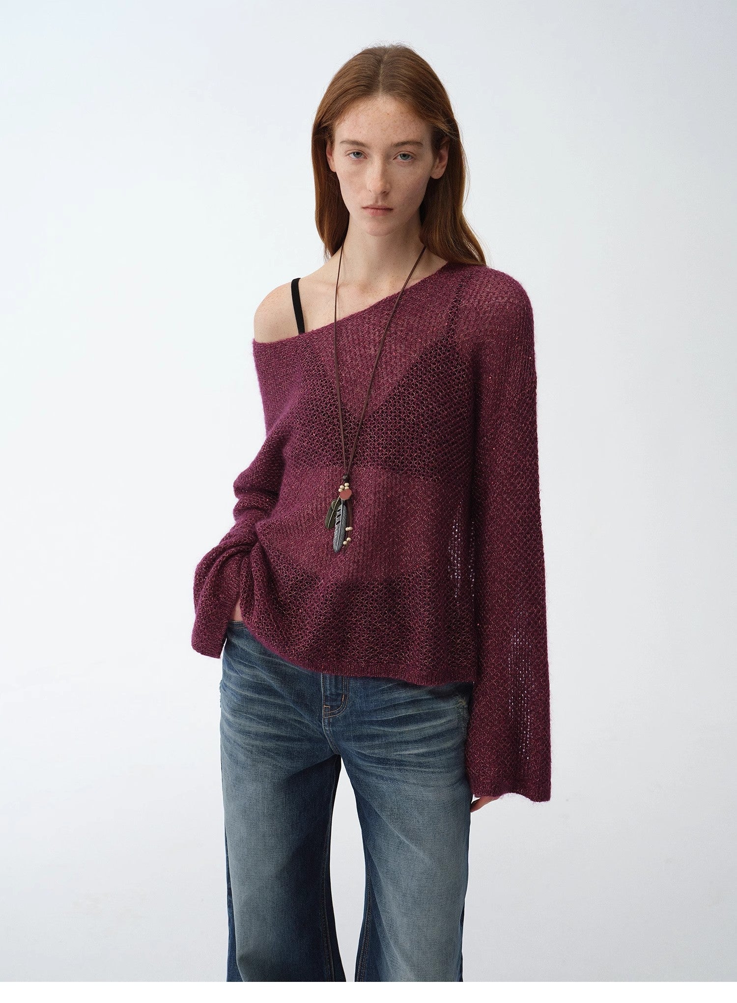 Mohair Sequin Knit Blended Hollow oversized sweater Loose O - Neck Top Long Sleeve,"Sparkling Spring" - variant_title
