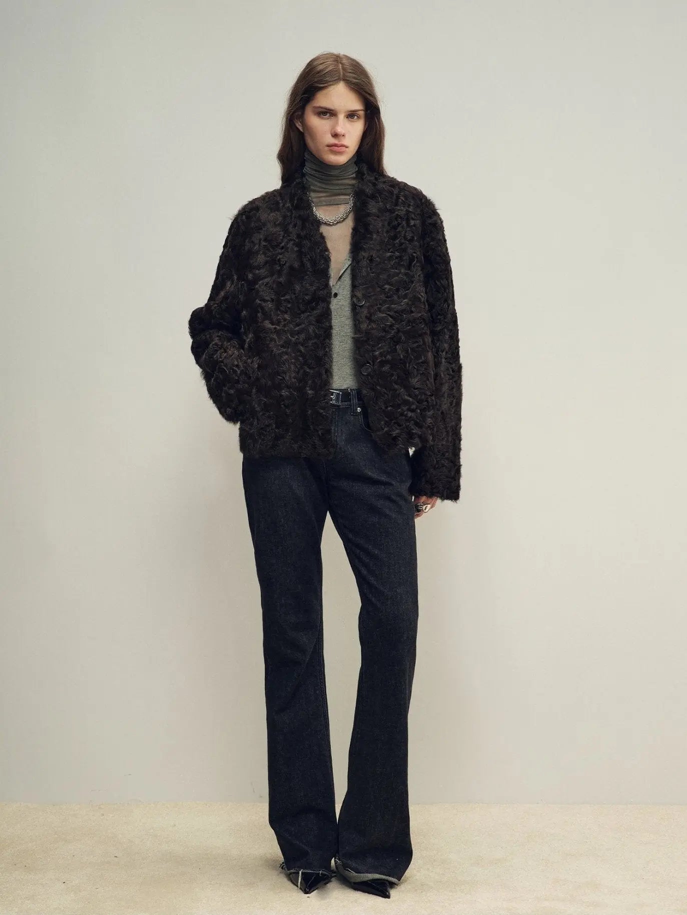 Model styling the Mole Manor purple plum lake lamb shearling coat