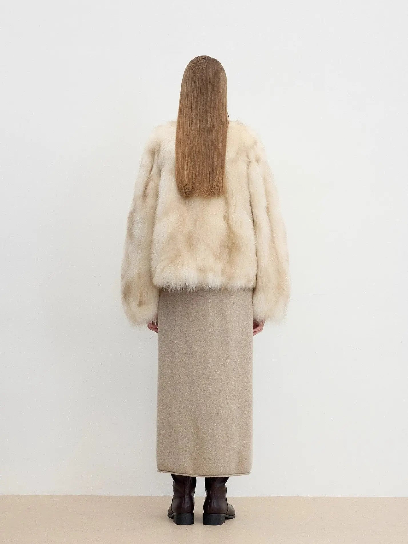 Monet's Garden Beige Gray fox fur coat, back model view