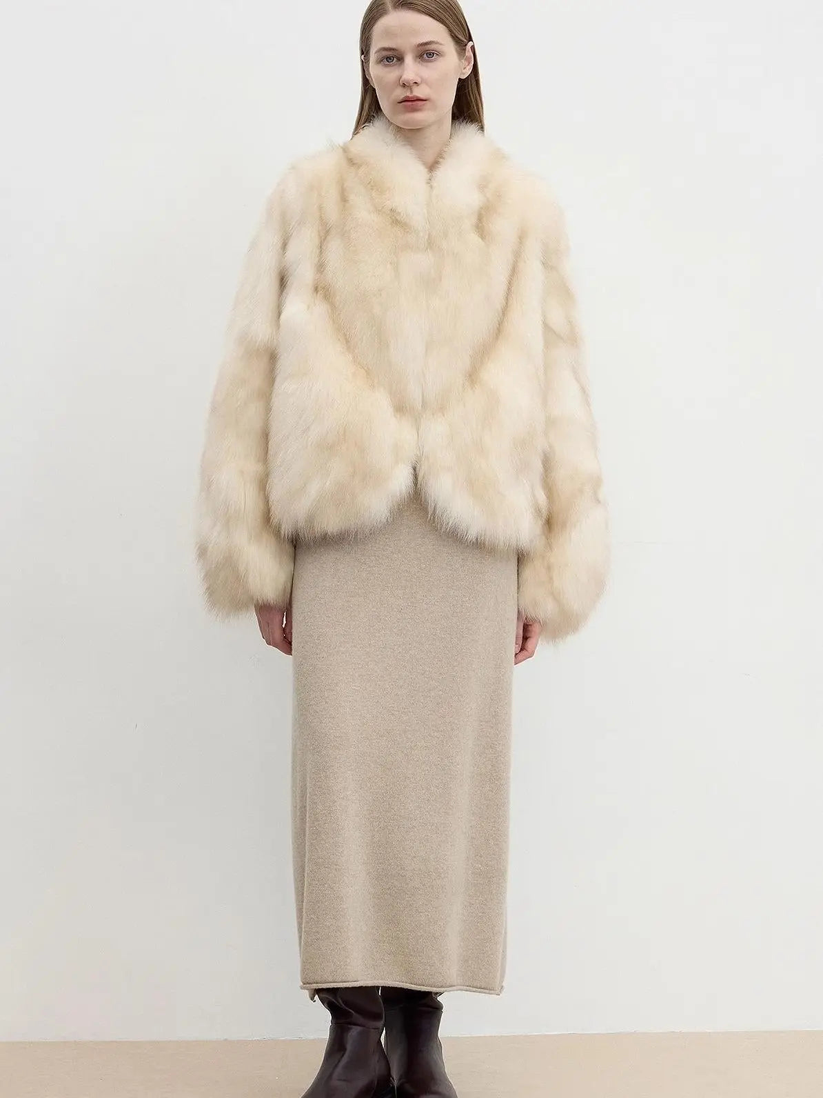 Monet's Garden Beige Gray fox fur coat, full-length model view