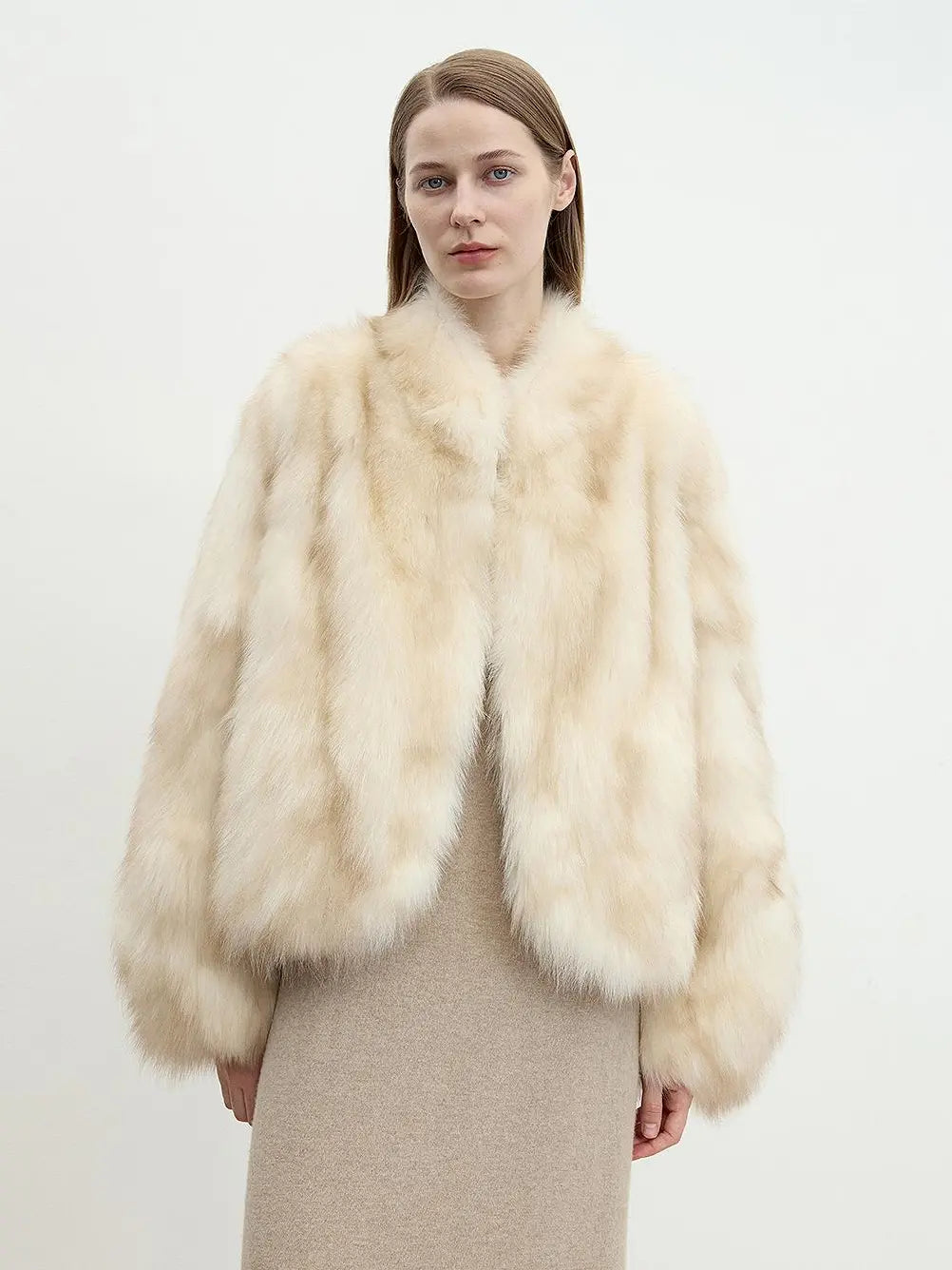 Model wearing Monet's Garden Beige Gray fox fur coat, front view