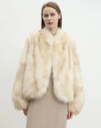 Model wearing Monet's Garden Beige Gray fox fur coat, front view