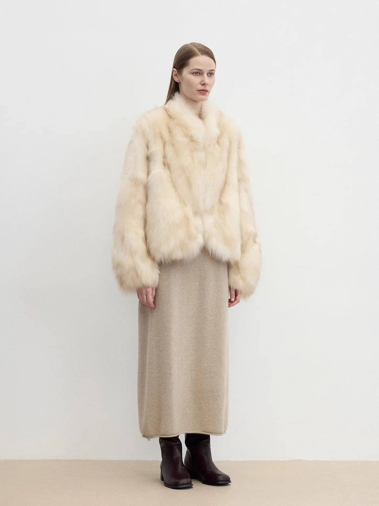 Monet's Garden Beige Gray fox fur coat, three-quarter model view