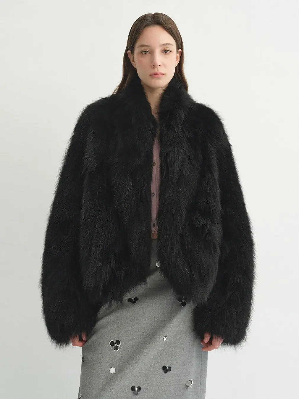 Model wearing Monet's Garden Black fox fur coat