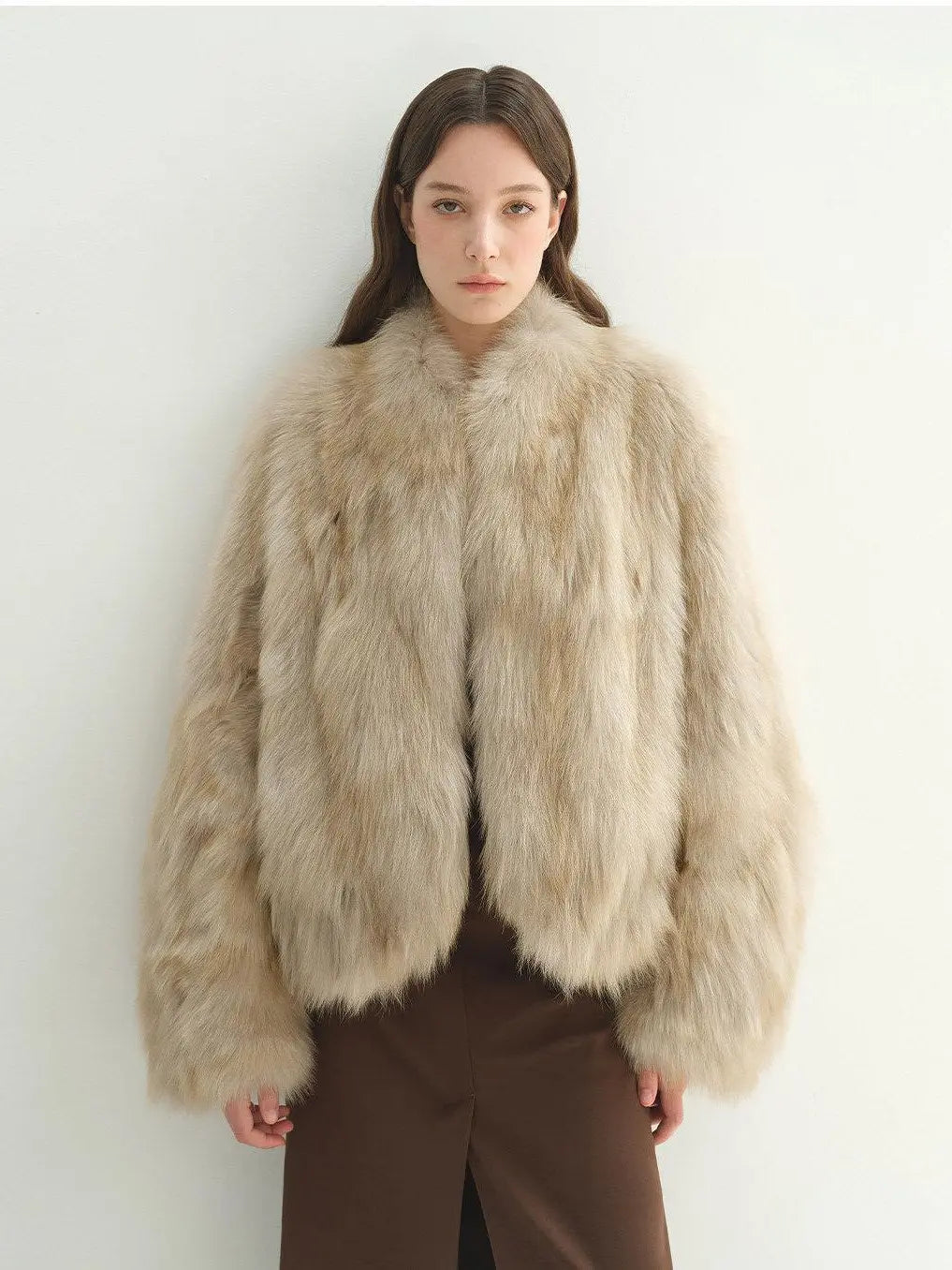 Model wearing Monet's Garden Gray White Brown fox fur coat