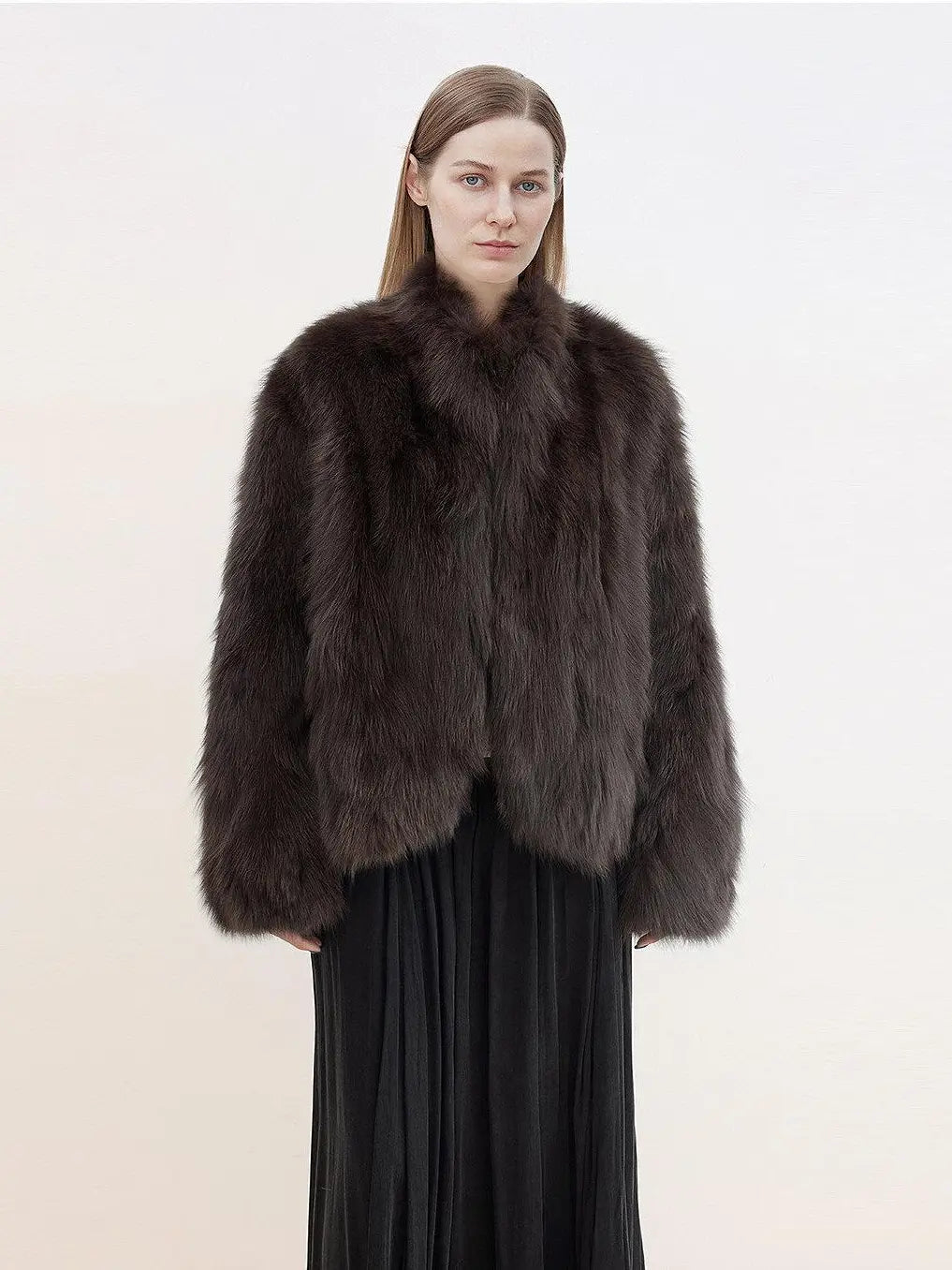 Model wearing Monet's Garden Reddish Brown fox fur coat