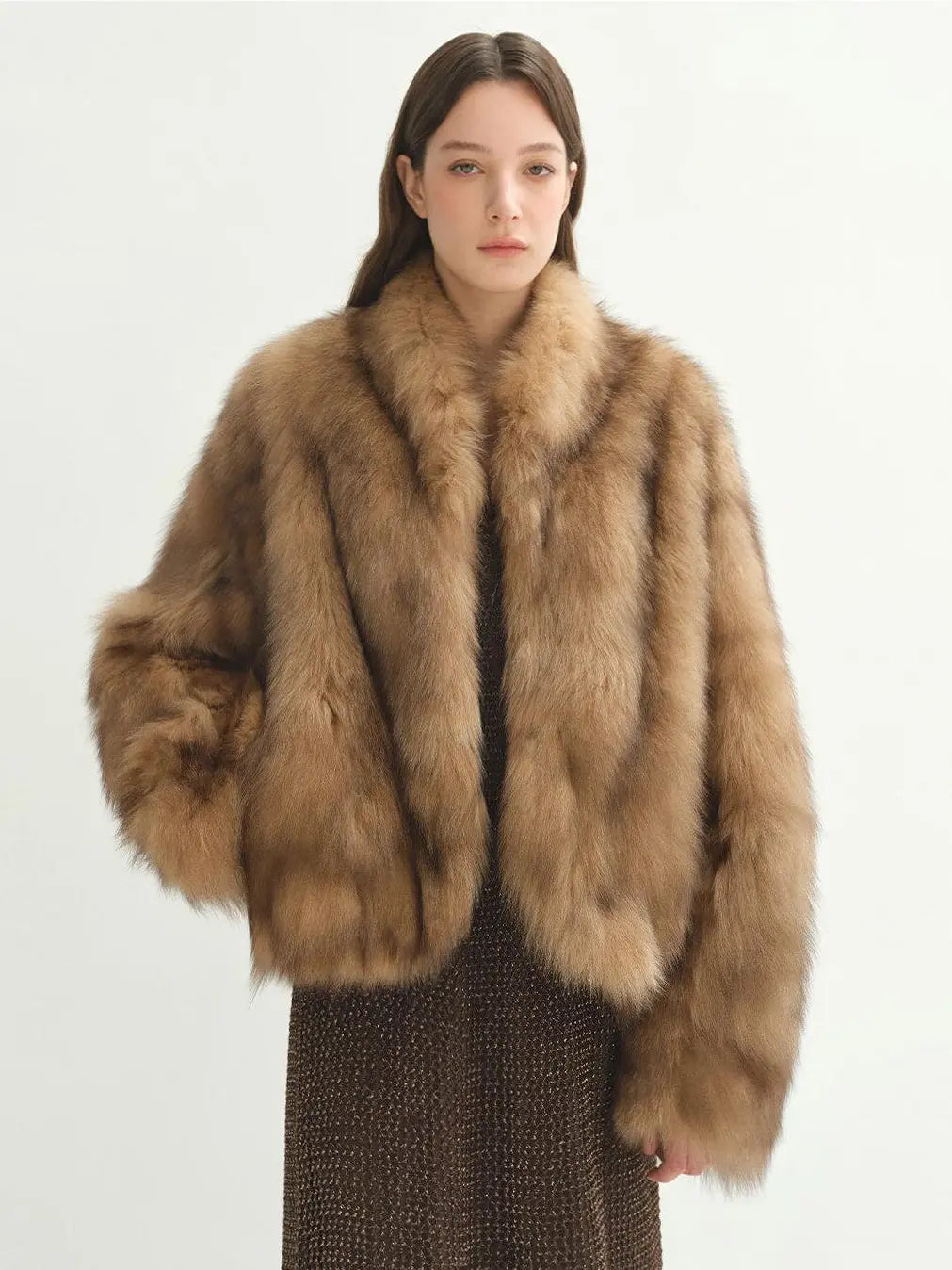 Model wearing Monet's Garden Sun Gold Brown fox fur coat