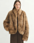 Model wearing Monet's Garden Sun Gold Brown fox fur coat