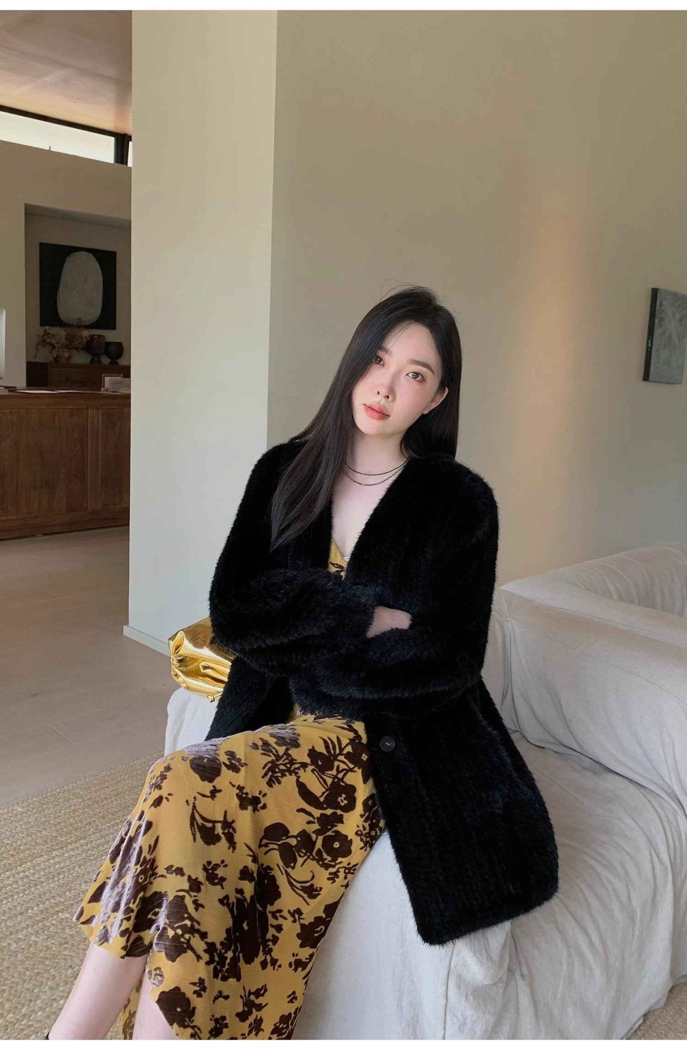 "Moon Serenade" High - luxury imported velvet mink woven fur coat mid - length mink coat (handmade) - variant_title