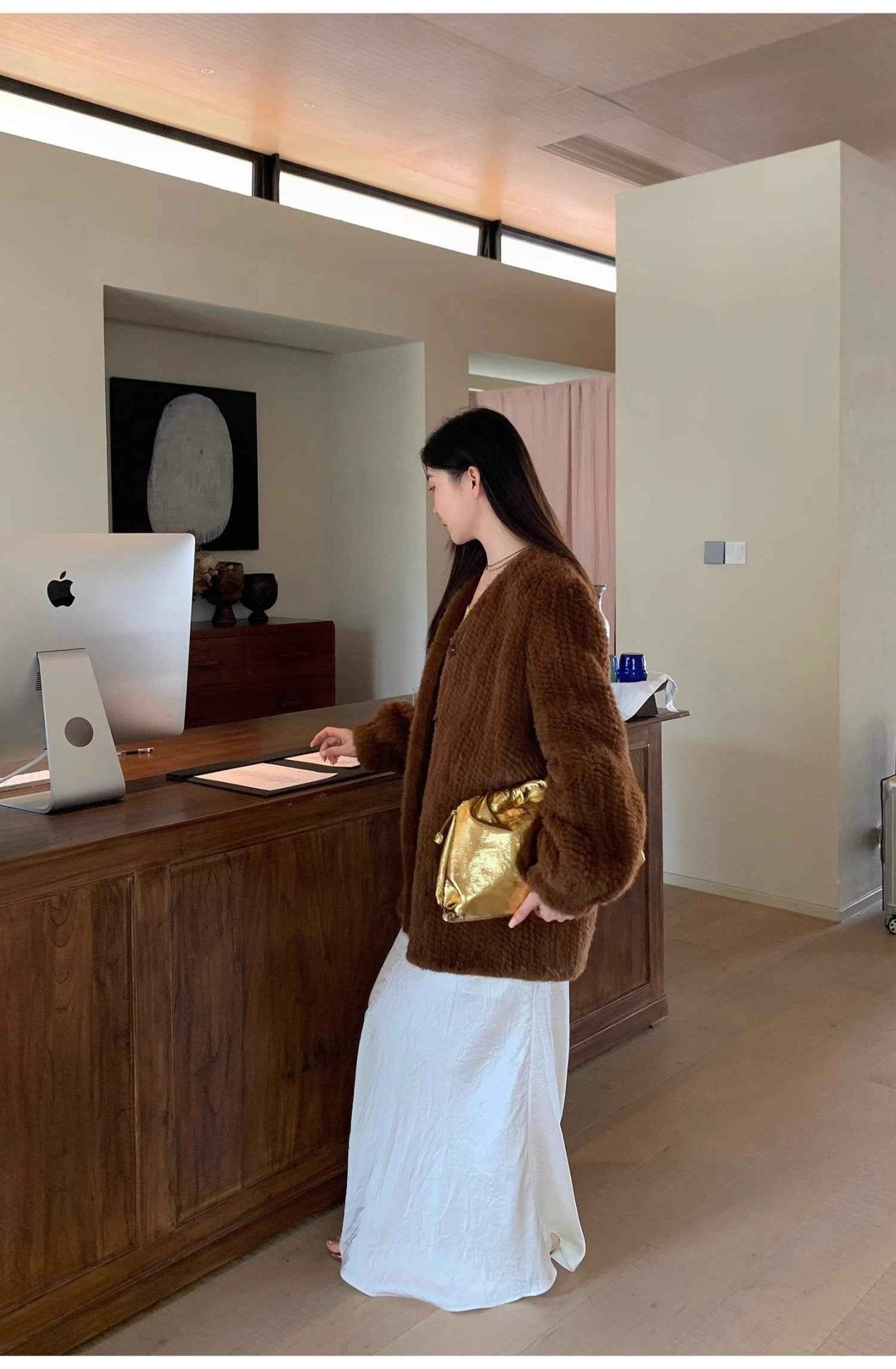 "Moon Serenade" High - luxury imported velvet mink woven fur coat mid - length mink coat (handmade) - variant_title