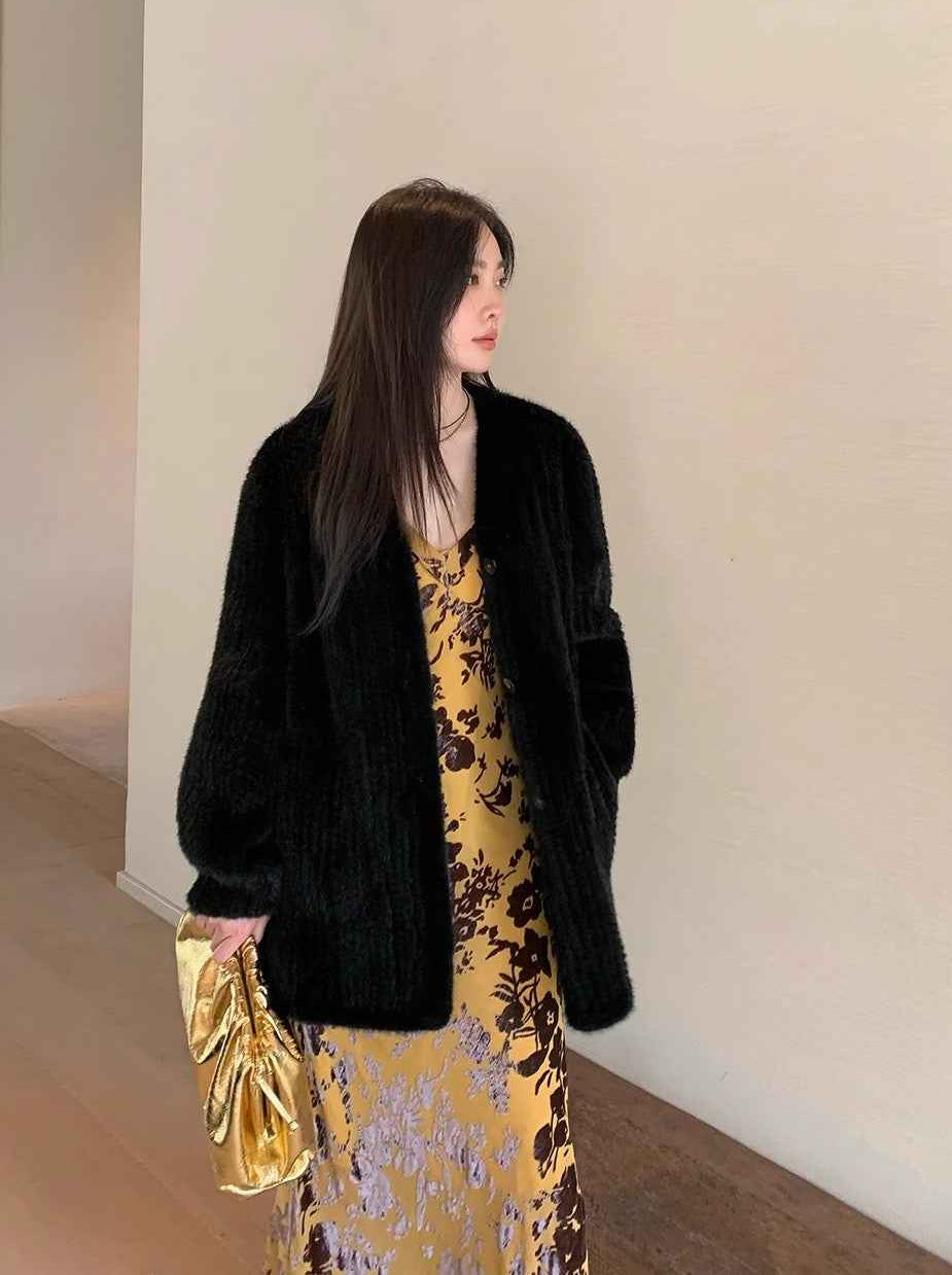 "Moon Serenade" High - luxury imported velvet mink woven fur coat mid - length mink coat (handmade) - variant_title