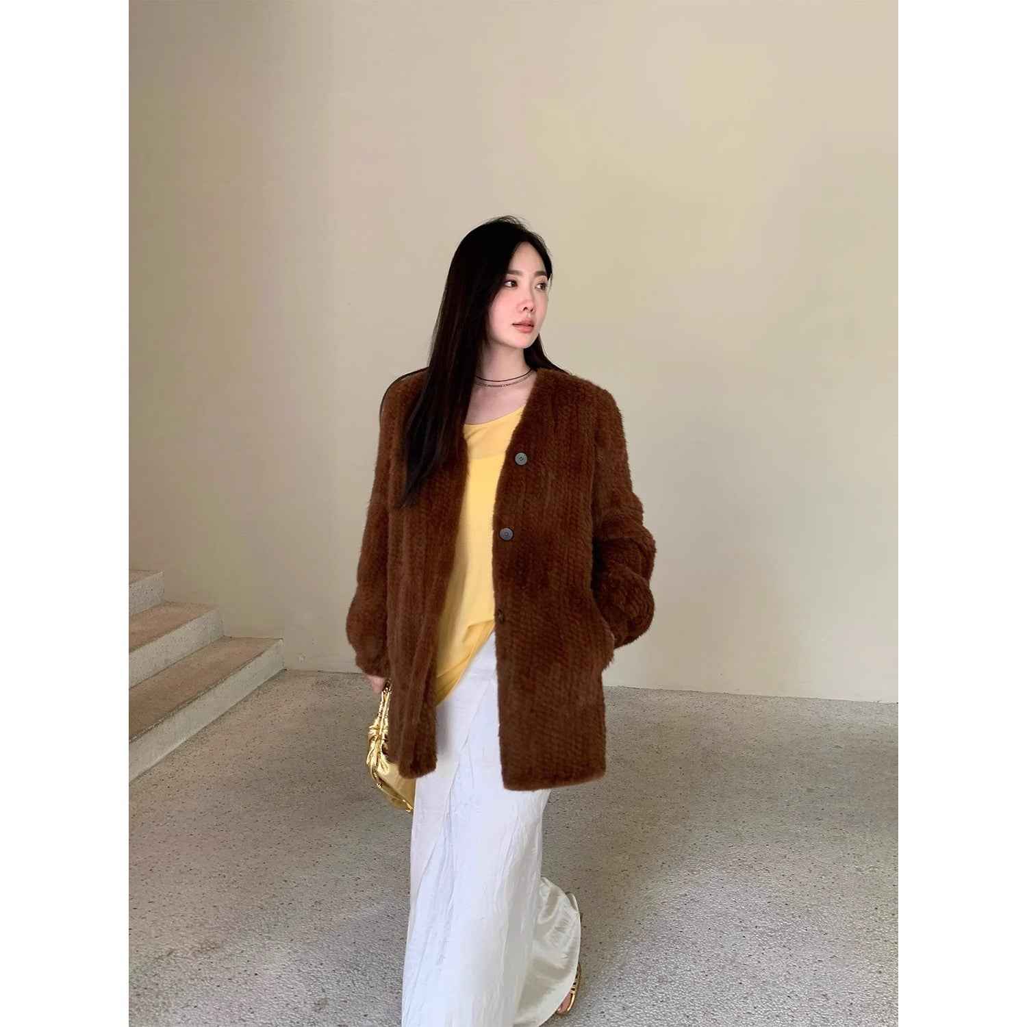 "Moon Serenade" High - luxury imported velvet mink woven fur coat mid - length mink coat (handmade) - variant_title