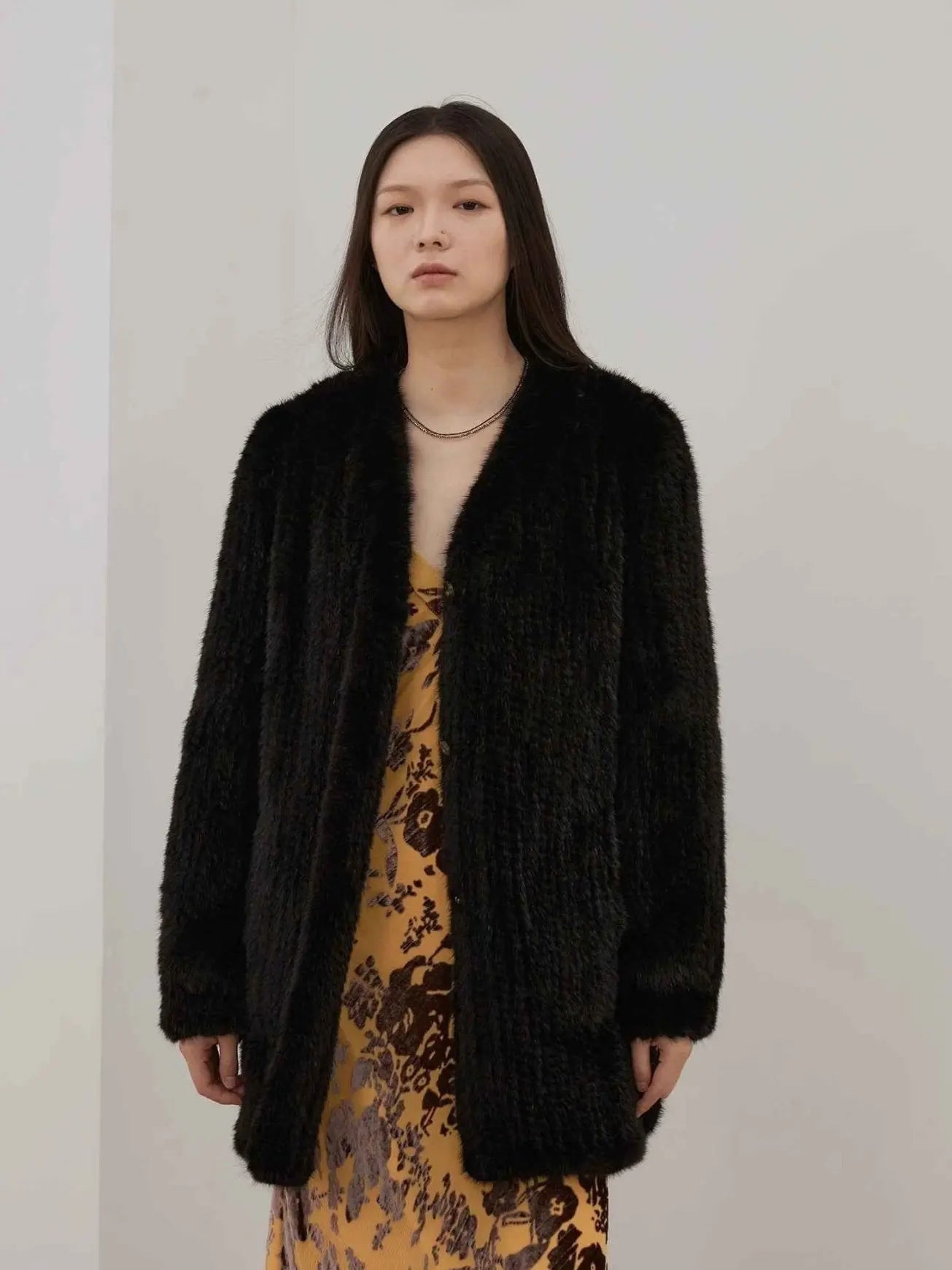 Moon Serenade Black mink coat on model, full-length front view