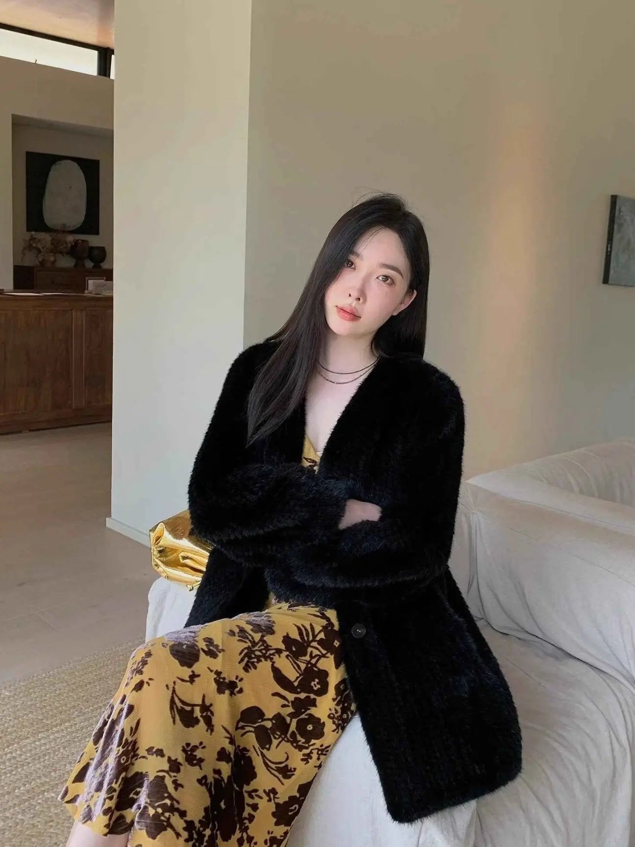 Moon Serenade Black mink coat seated styling