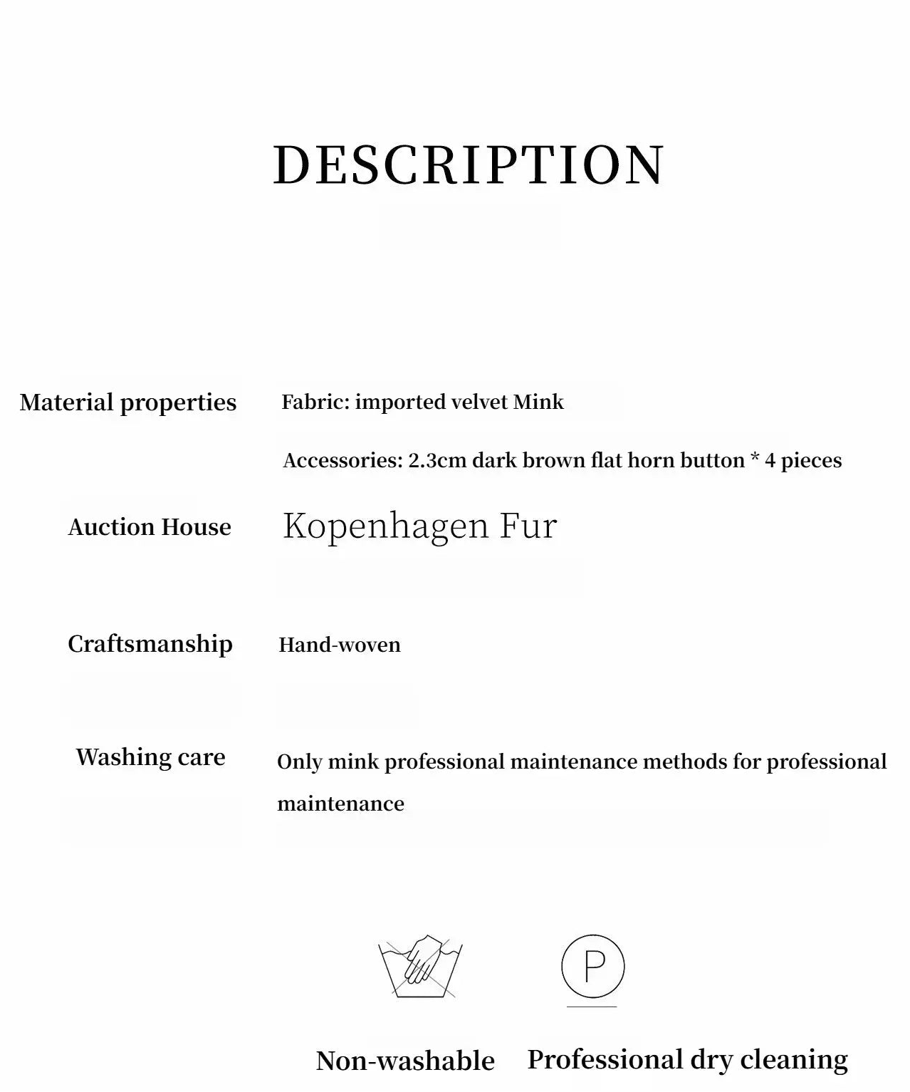 Moon Serenade imported mink materials, craftsmanship and care information