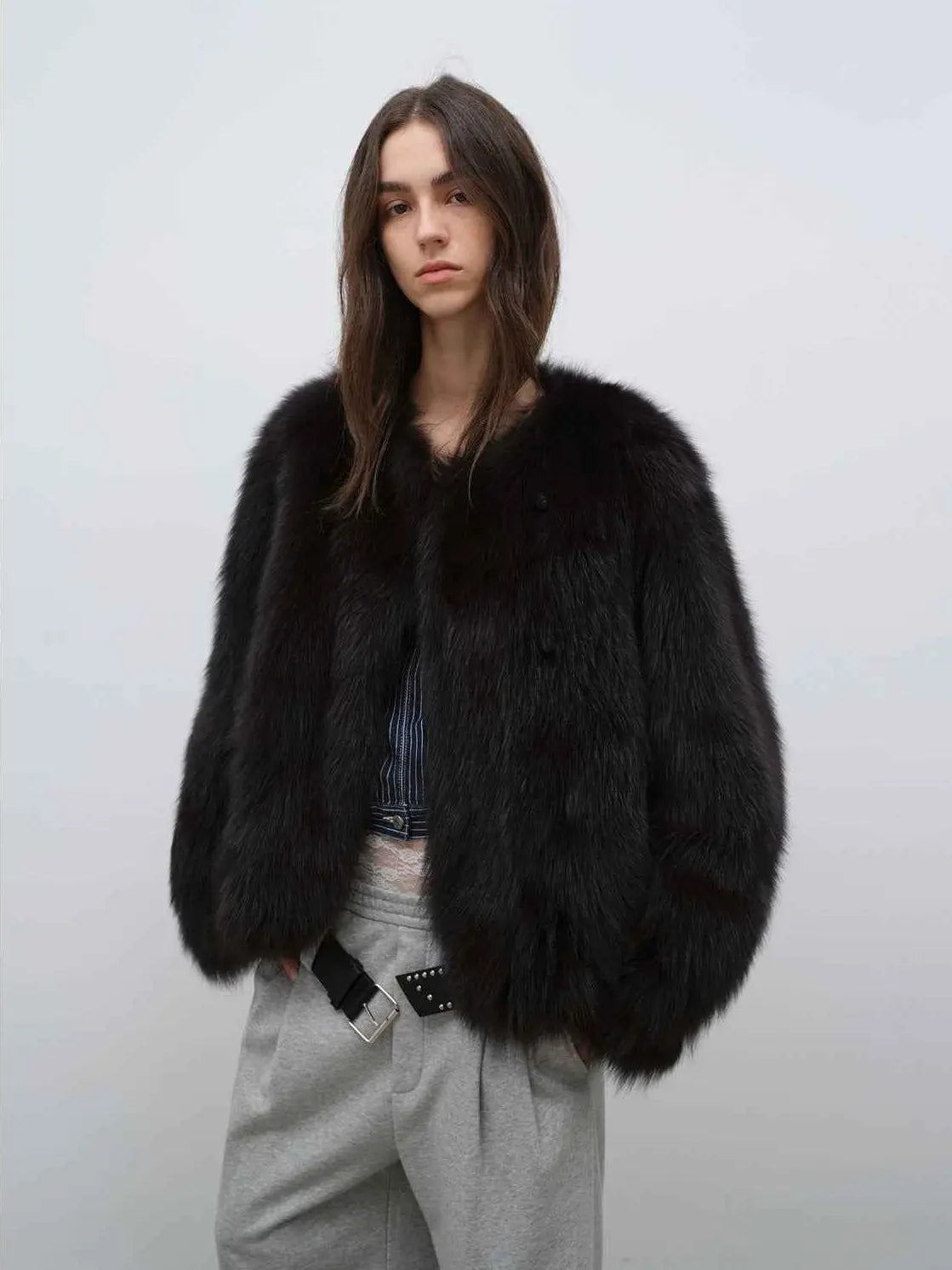Model wearing Morning Mist Manor Classic Black fox fur coat, front view