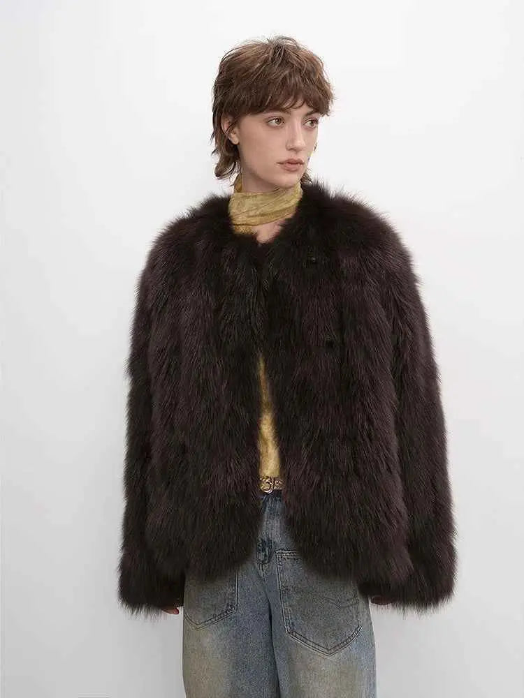 Morning Mist Manor Classic Black fox fur coat in a relaxed model pose