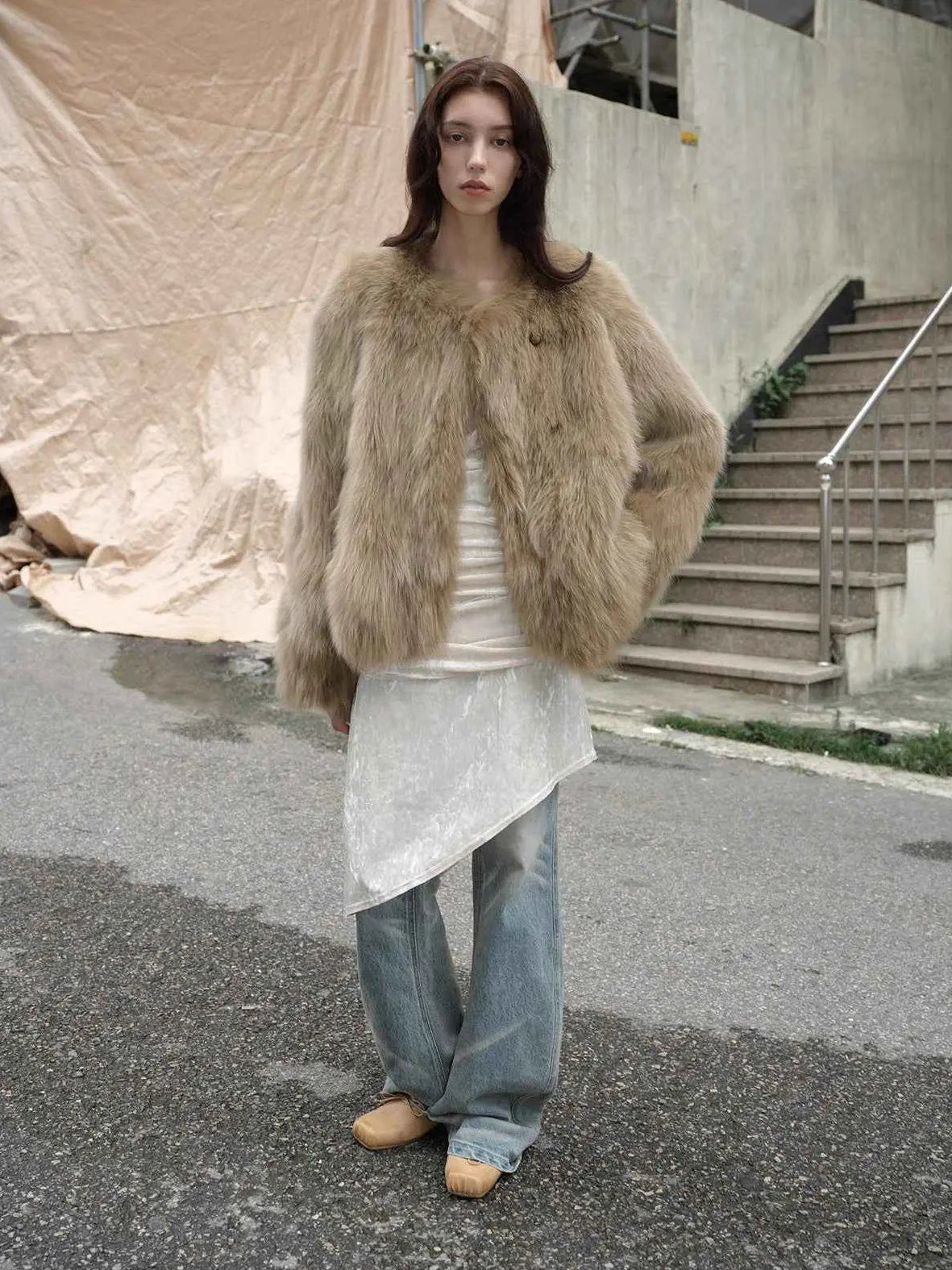 Morning Mist Manor Coffee fox fur coat in an urban lifestyle setting
