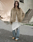 Morning Mist Manor Coffee fox fur coat in an urban lifestyle setting