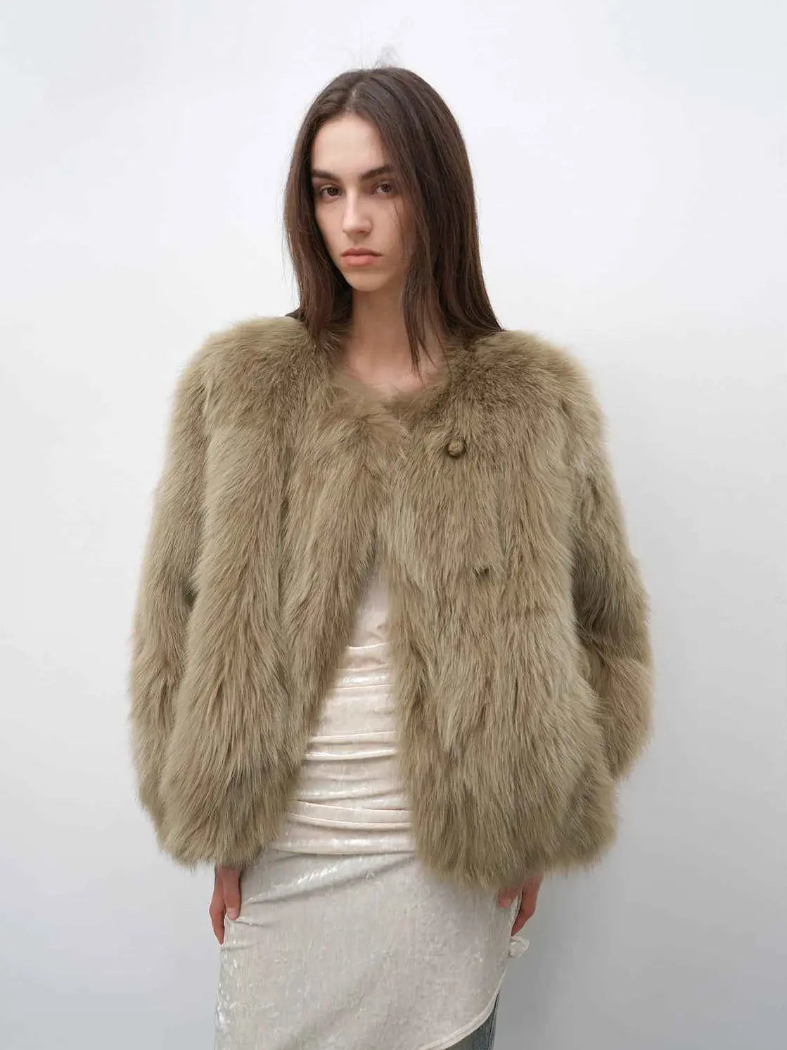 Model wearing Morning Mist Manor Coffee fox fur coat, front view