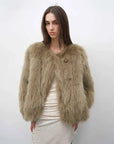 Model wearing Morning Mist Manor Coffee fox fur coat, front view