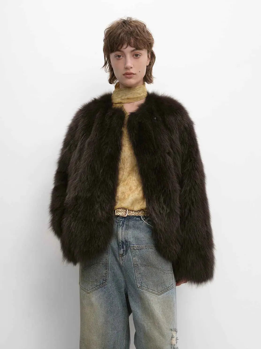 Model wearing Morning Mist Manor Dark Charcoal Gray fox fur coat