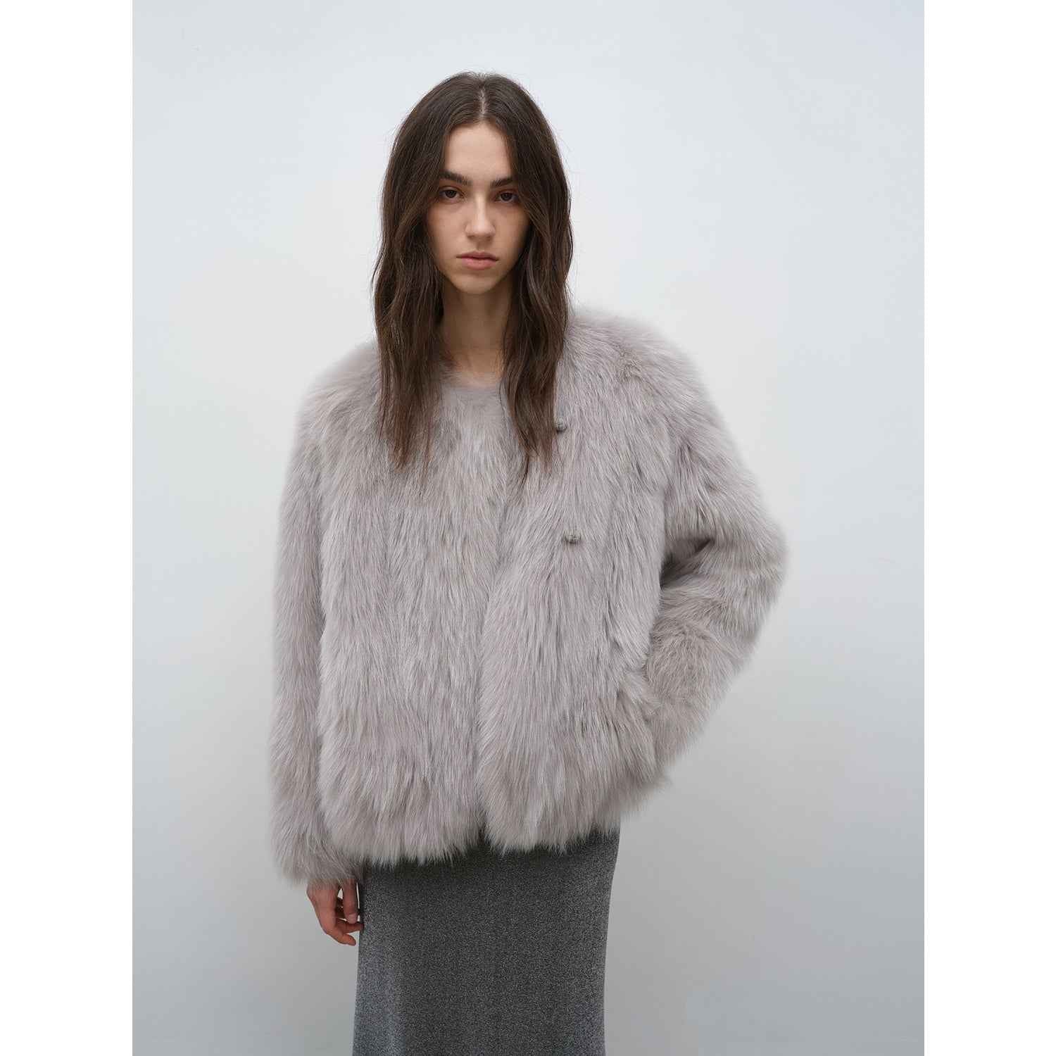 Morning Mist Manor Urban Chic Chicken Heart Collar Drop Shoulder Fox Fur Coat - variant_title