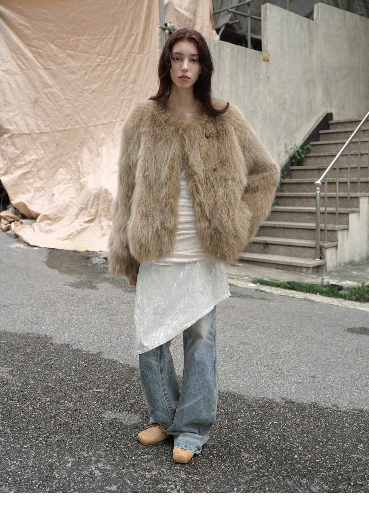 Morning Mist Manor Urban Chic Chicken Heart Collar Drop Shoulder Fox Fur Coat - variant_title