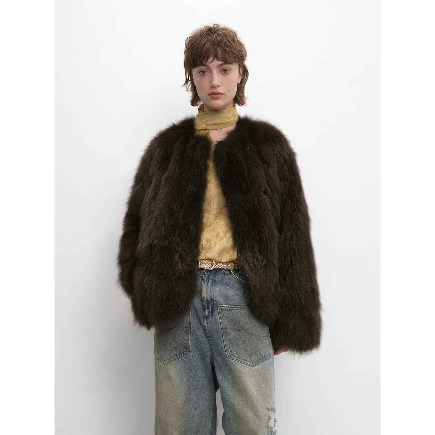 Morning Mist Manor Urban Chic Chicken Heart Collar Drop Shoulder Fox Fur Coat - variant_title