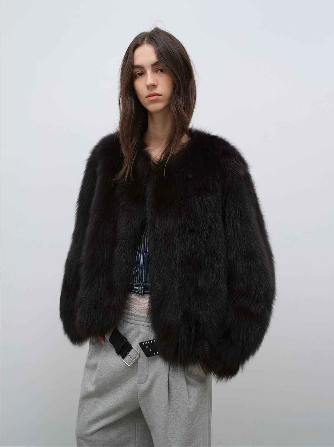 Morning Mist Manor Urban Chic Chicken Heart Collar Drop Shoulder Fox Fur Coat - variant_title