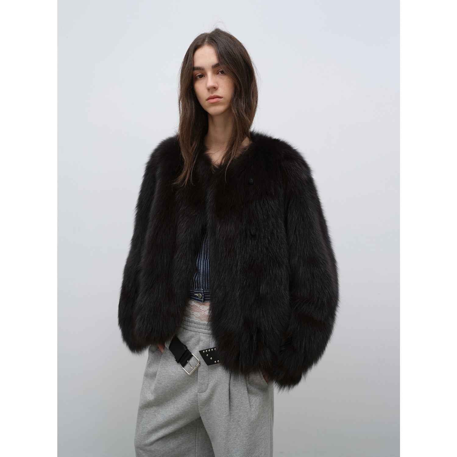 Morning Mist Manor Urban Chic Chicken Heart Collar Drop Shoulder Fox Fur Coat - variant_title
