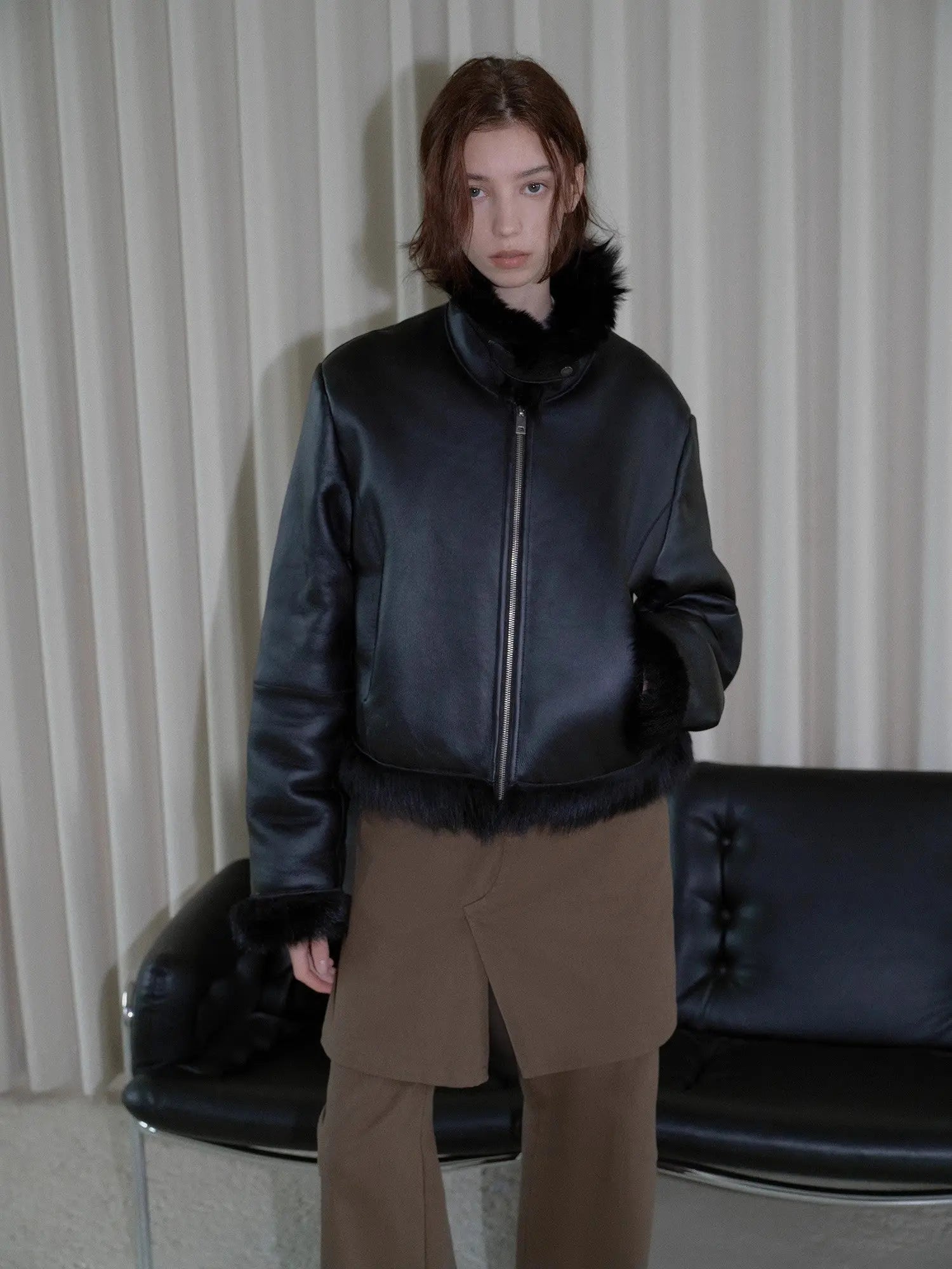 Black Toscana wool motorcycle jacket with fur collar, front view