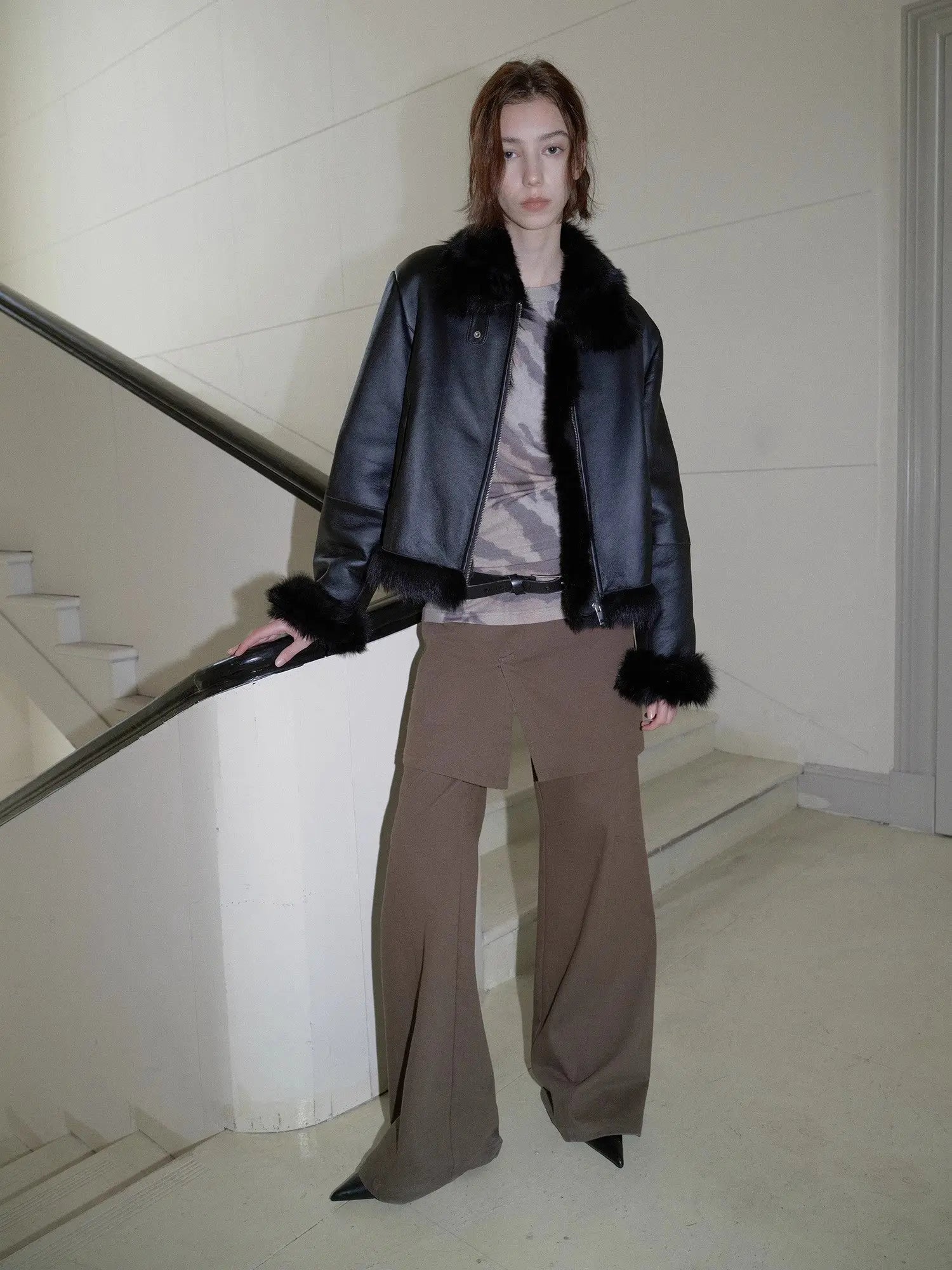 Black Toscana shearling biker jacket, relaxed full-length view