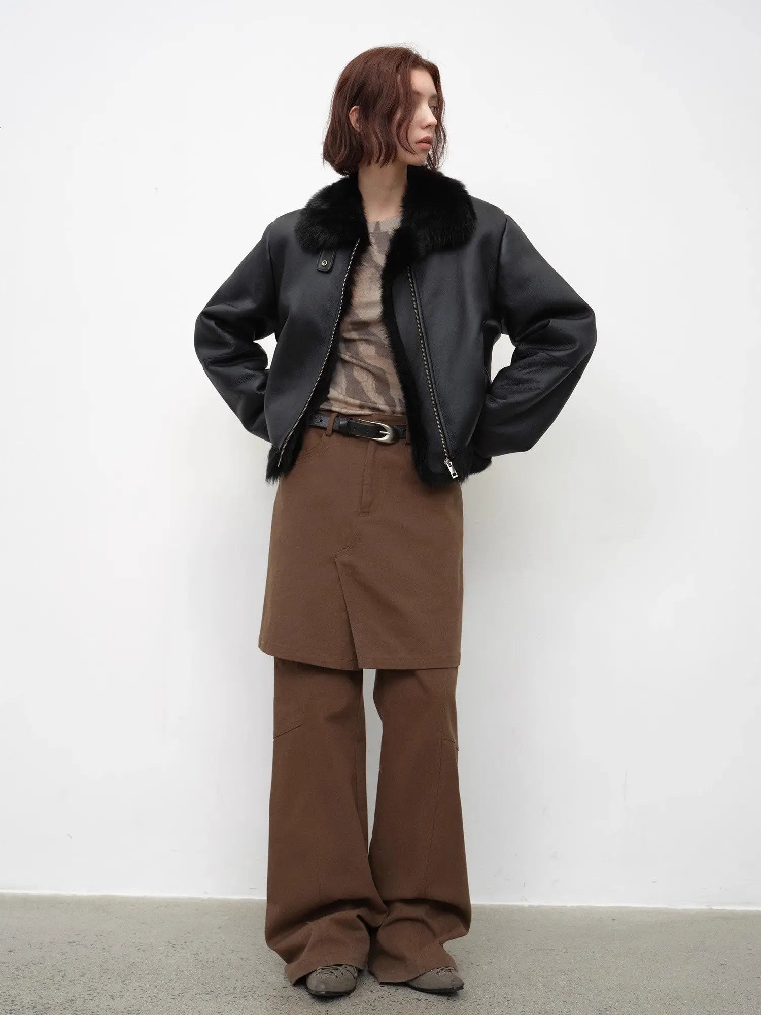 Black Toscana wool shearling motorcycle jacket, full outfit view