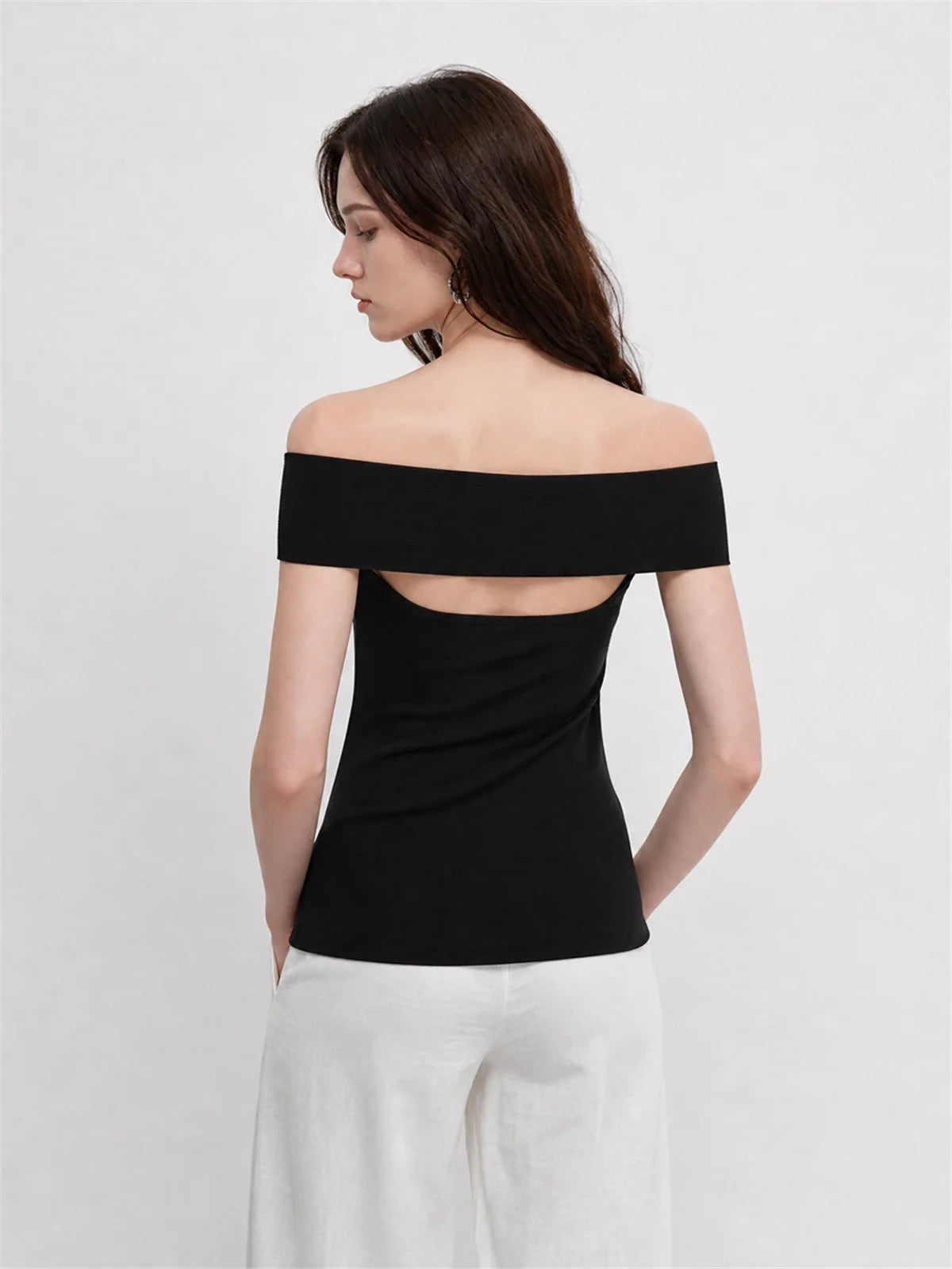 Mulberry silk off-shoulder knitted summer top black on Maria back view